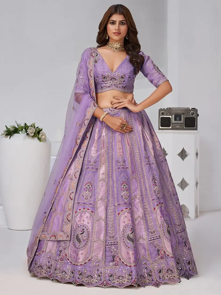 Excellent Lavender Zari Weaving Banarasi Silk Wedding Wear Lehenga Choli