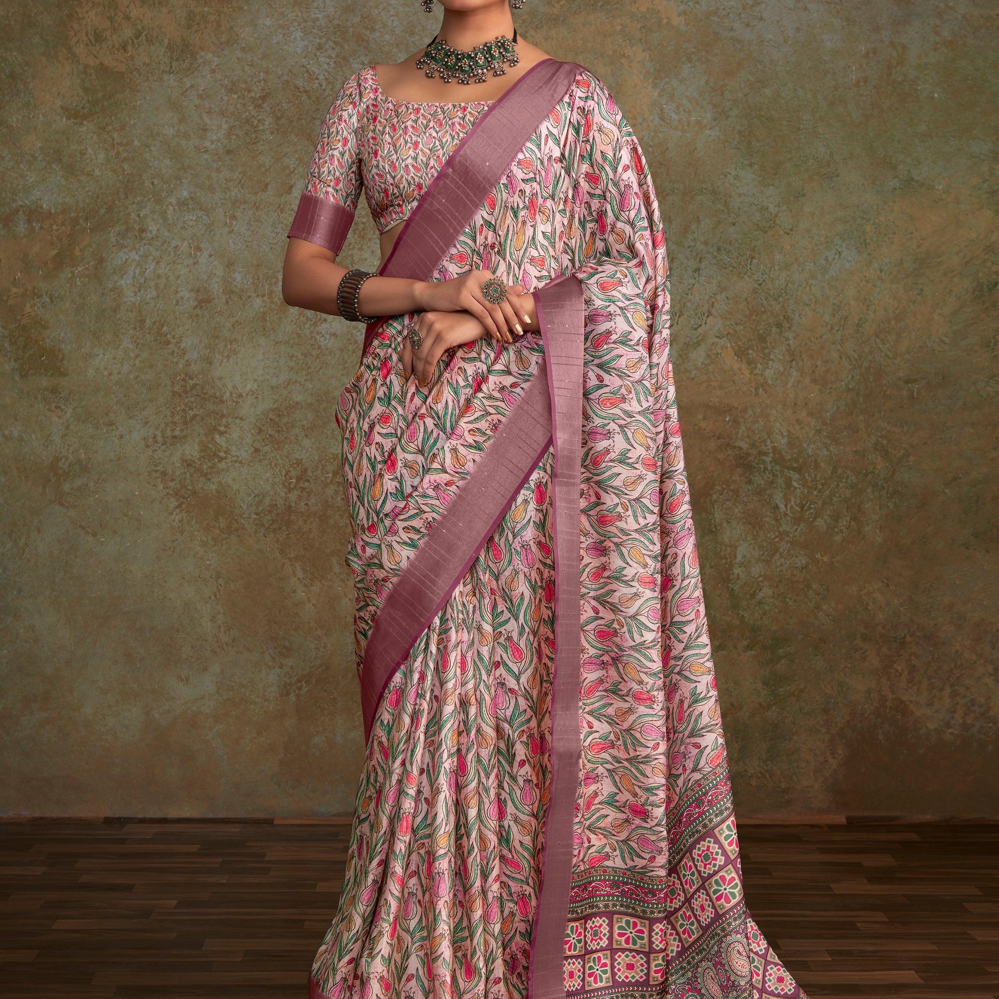 Beautiful Pink Digital Printed Silk Event Wear Saree With Blouse