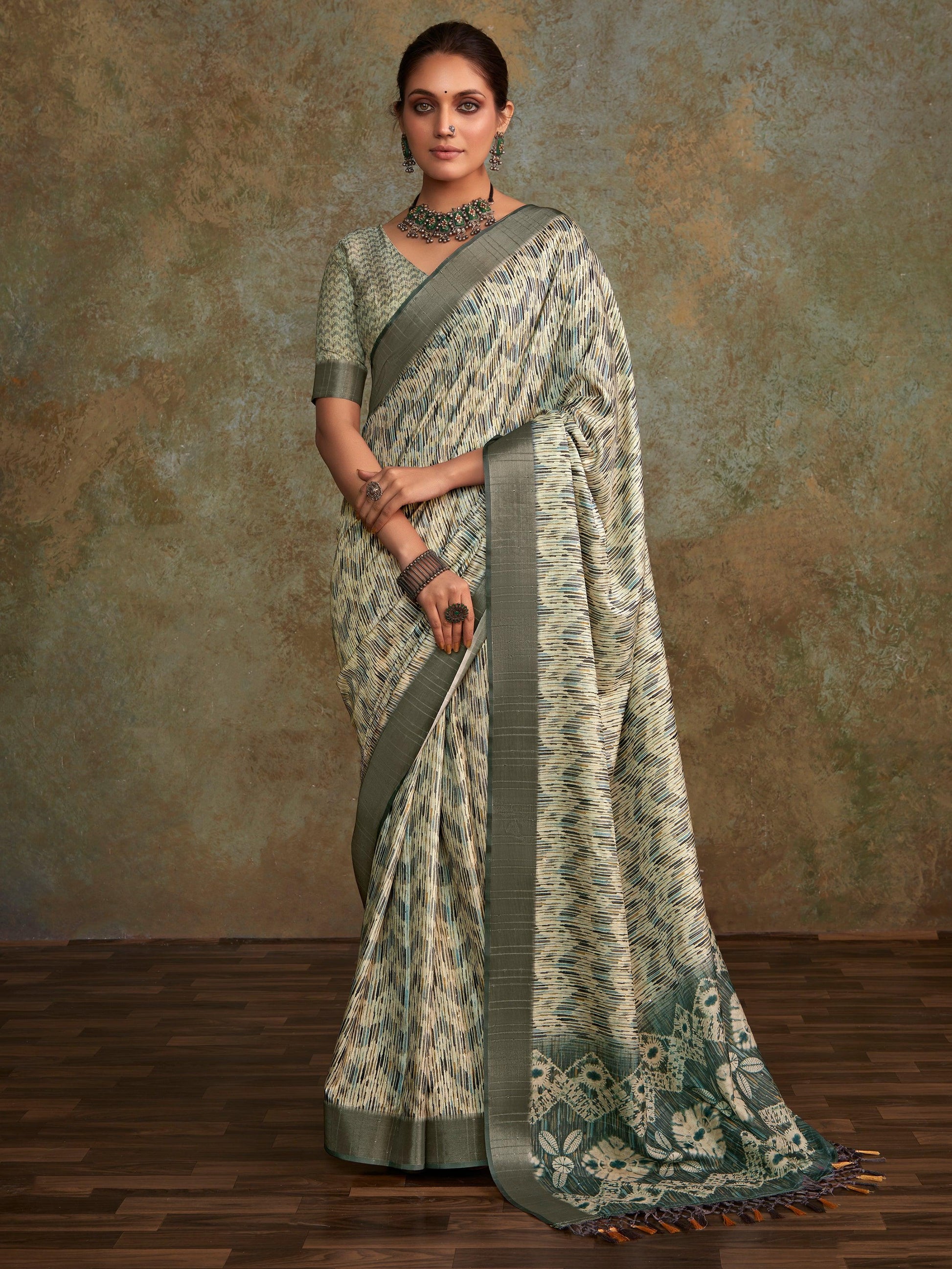 Enchanting Off-White Digital Printed Silk Event Wear Saree With Blouse