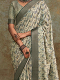 Enchanting Off-White Digital Printed Silk Event Wear Saree With Blouse