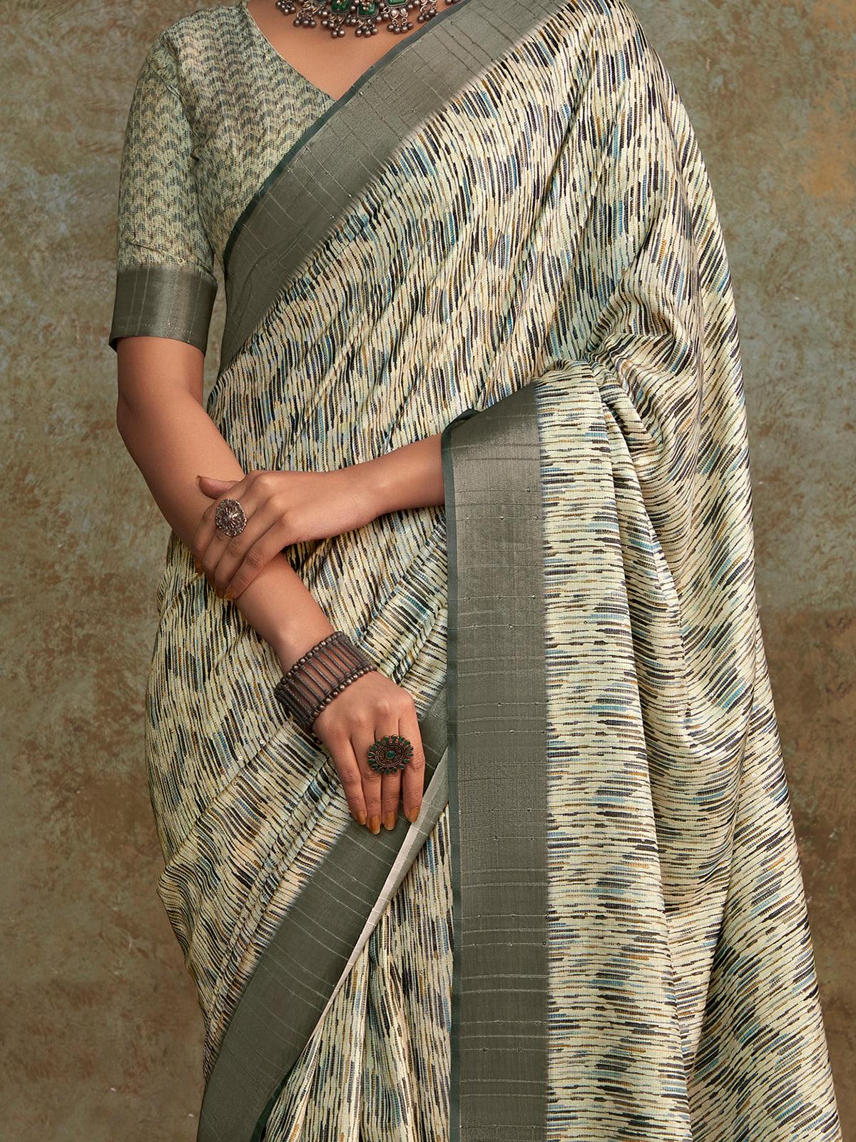 Enchanting Off-White Digital Printed Silk Event Wear Saree With Blouse