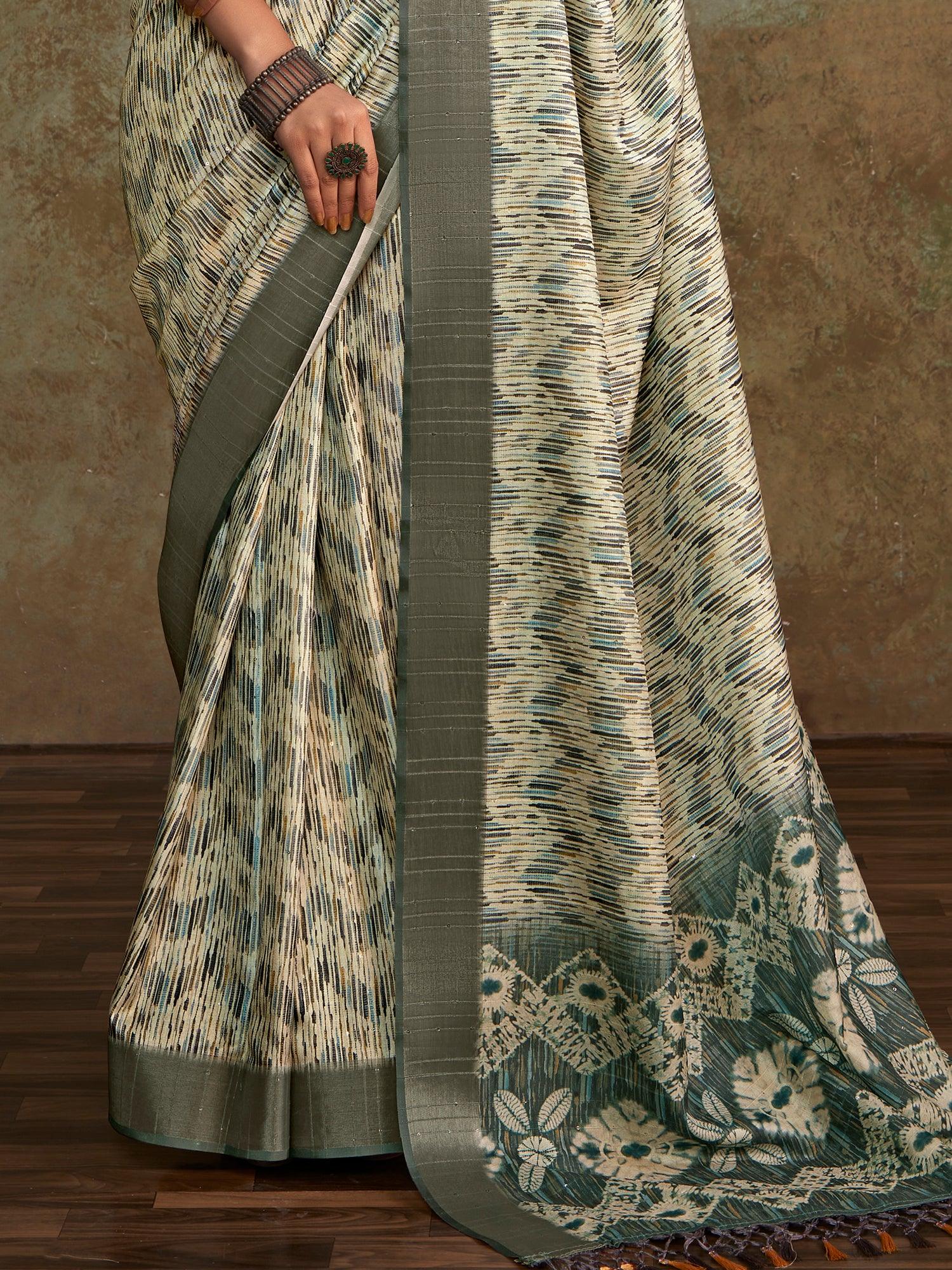 Enchanting Off-White Digital Printed Silk Event Wear Saree With Blouse