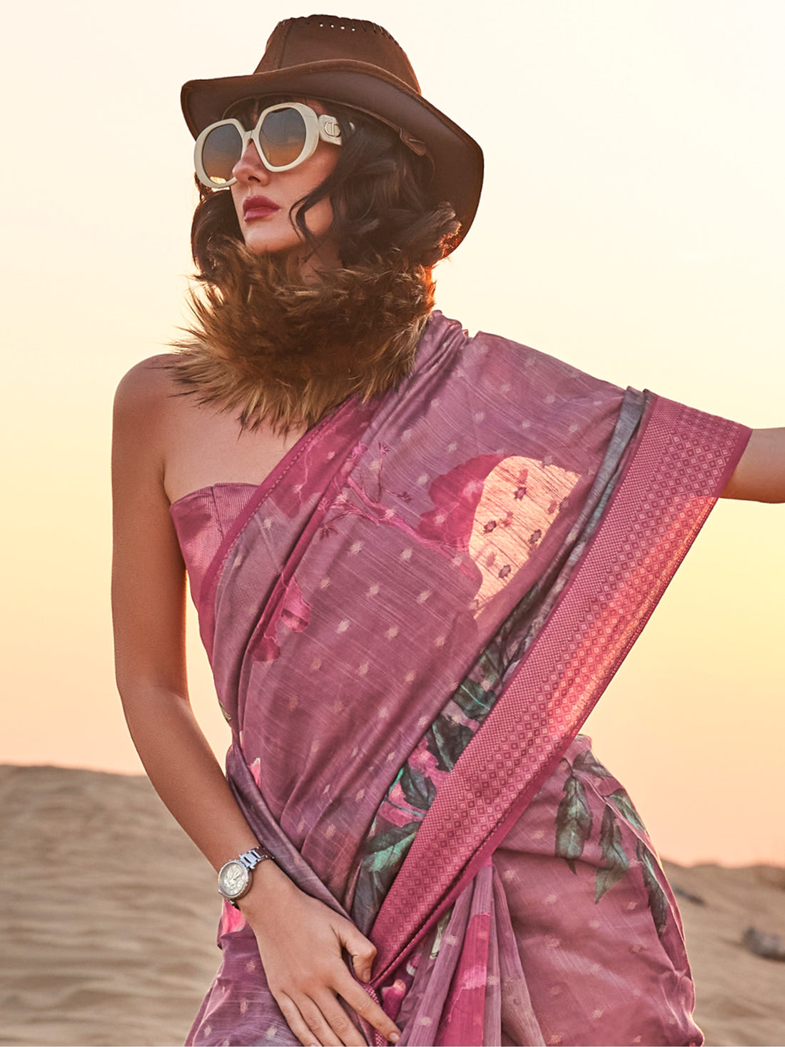 Beautiful Mauve Printed Linen Event Wear Saree With Blouse