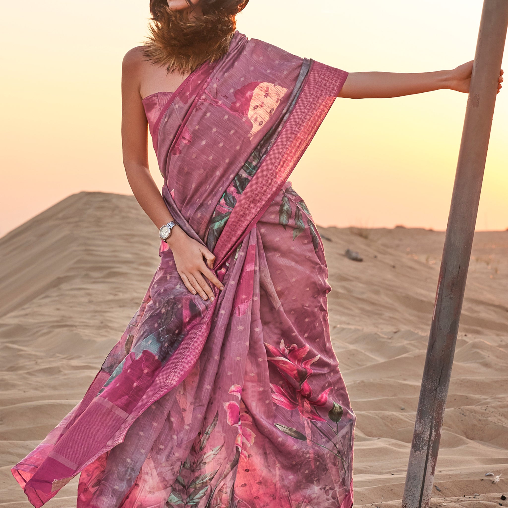 Beautiful Mauve Printed Linen Event Wear Saree With Blouse