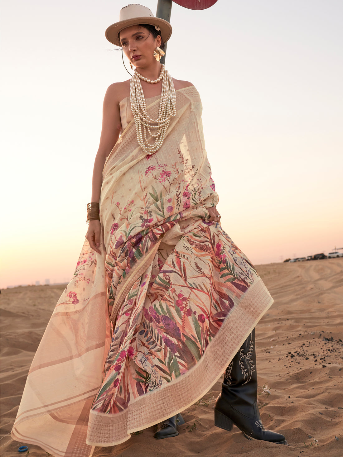 Attractive Cream Printed Linen Traditional Saree With Blouse