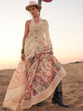 Attractive Cream Printed Linen Traditional Saree With Blouse