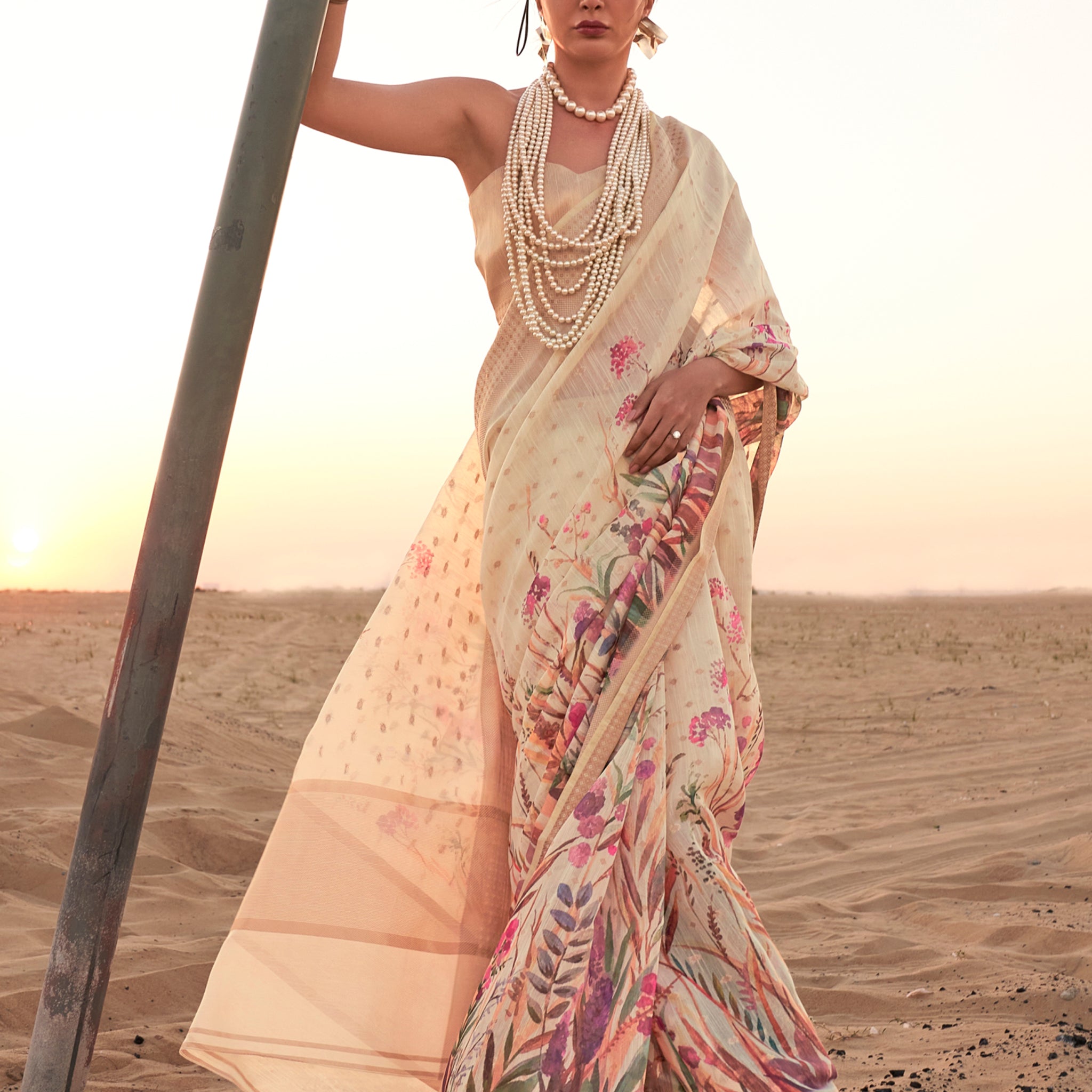 Attractive Cream Printed Linen Traditional Saree With Blouse