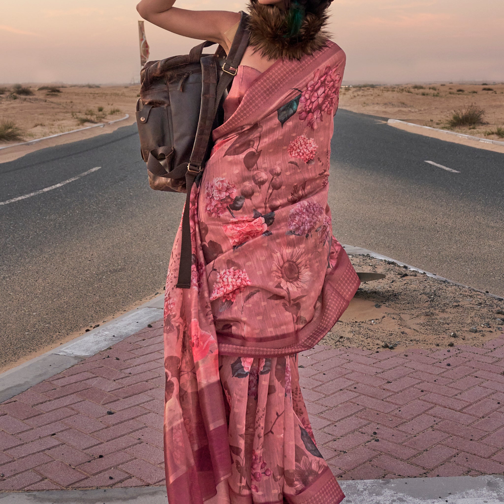Stunning Dusty Pink Printed Linen Festival Wear Saree With Blouse