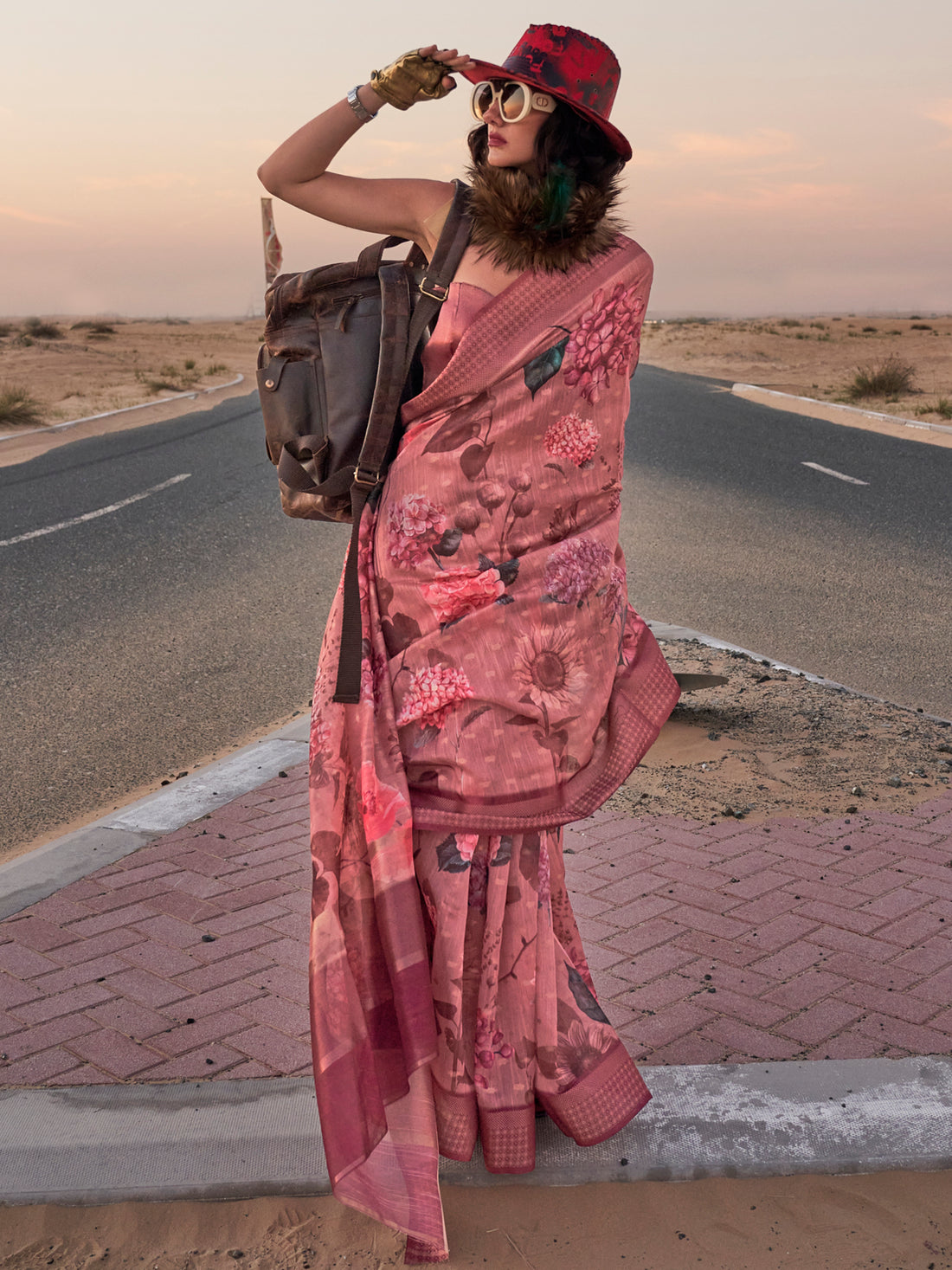 Stunning Dusty Pink Printed Linen Festival Wear Saree With Blouse