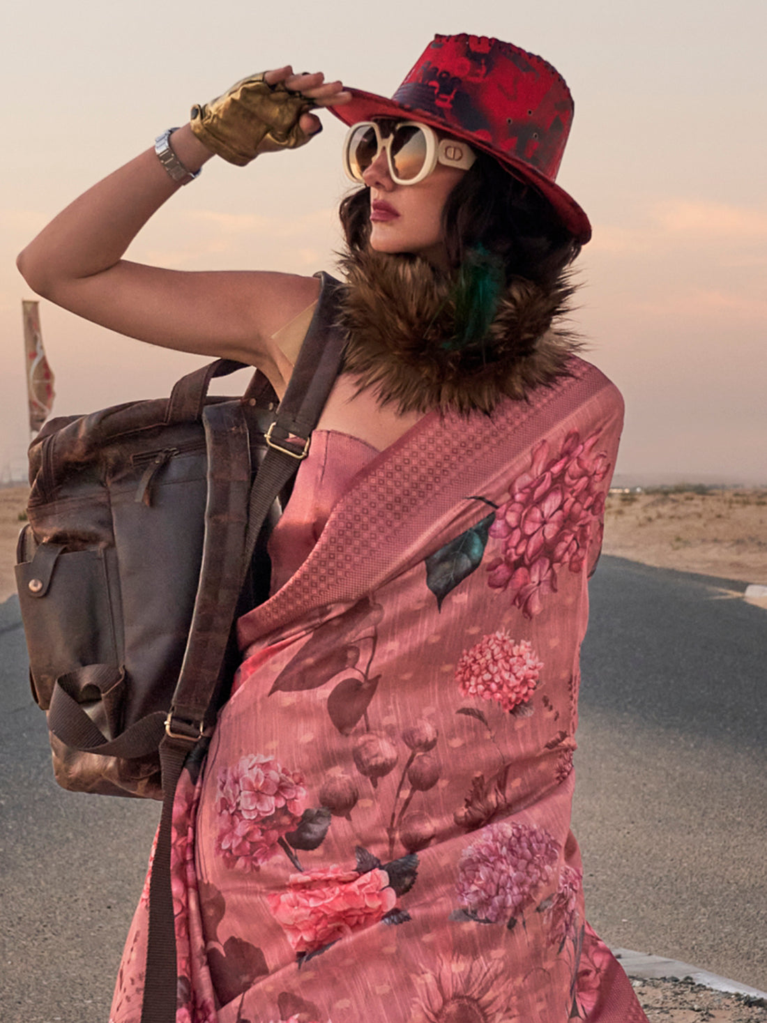 Stunning Dusty Pink Printed Linen Festival Wear Saree With Blouse