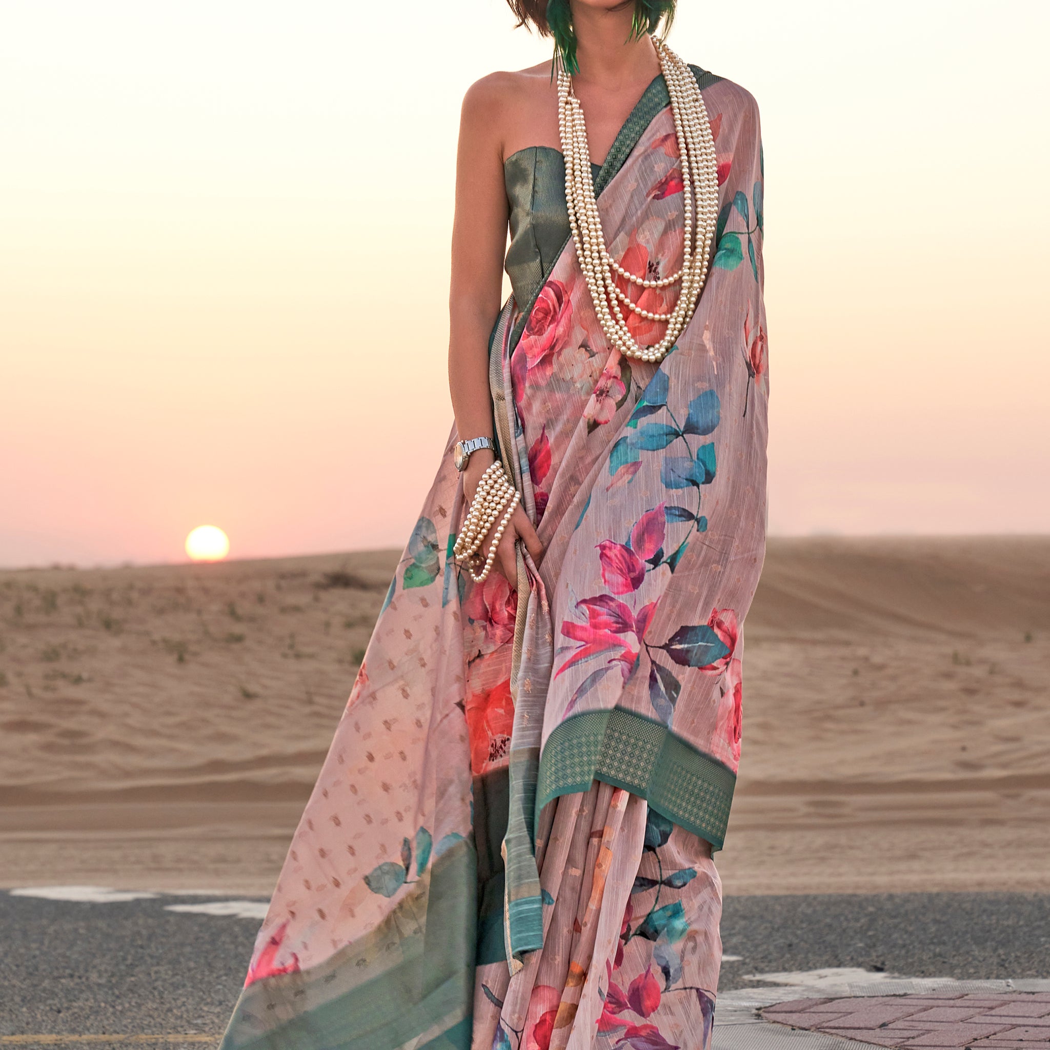 Captivating  Peach Printed Linen Traditional Saree With Blouse