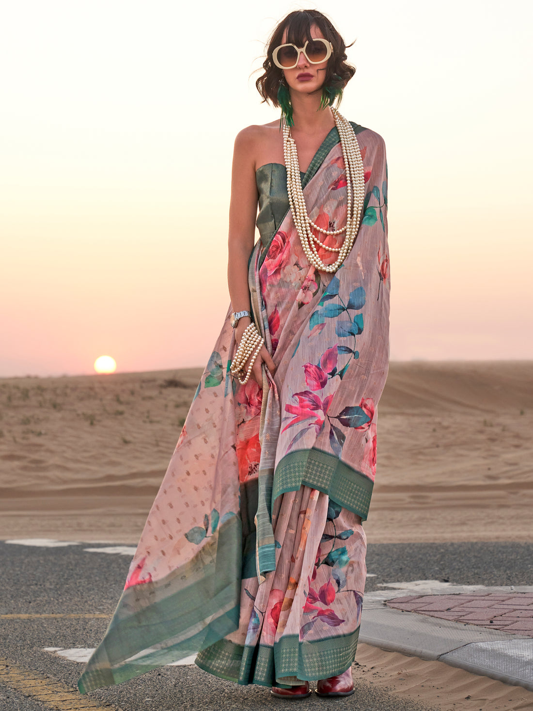 Captivating  Peach Printed Linen Traditional Saree With Blouse