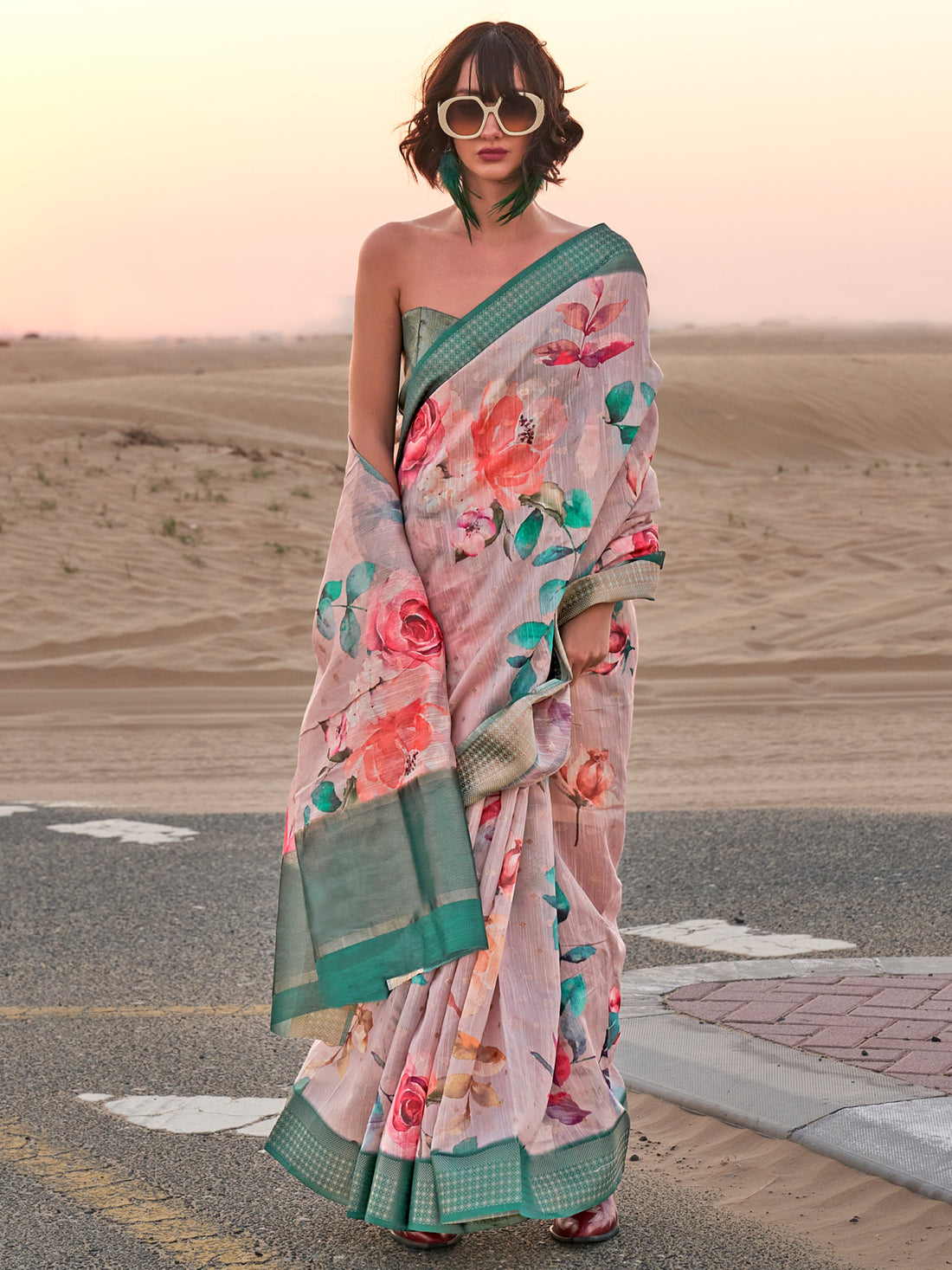 Captivating  Peach Printed Linen Traditional Saree With Blouse