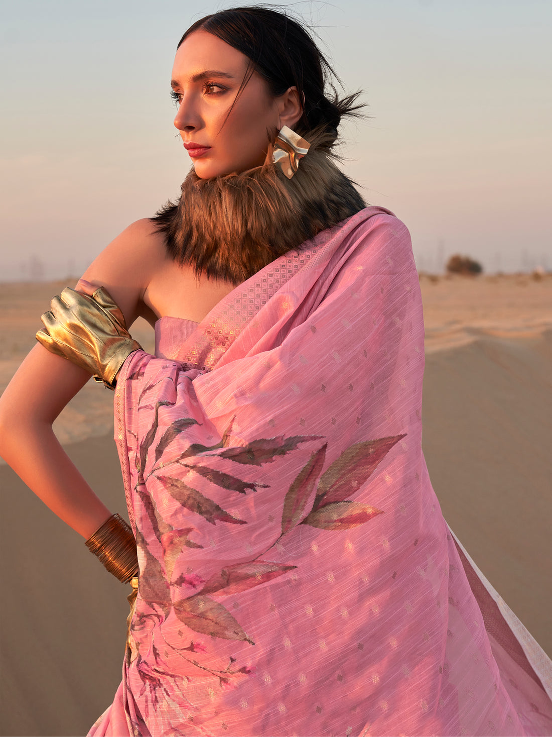 Fascinating Baby Pink Printed Linen Event Wear Saree With Blouse