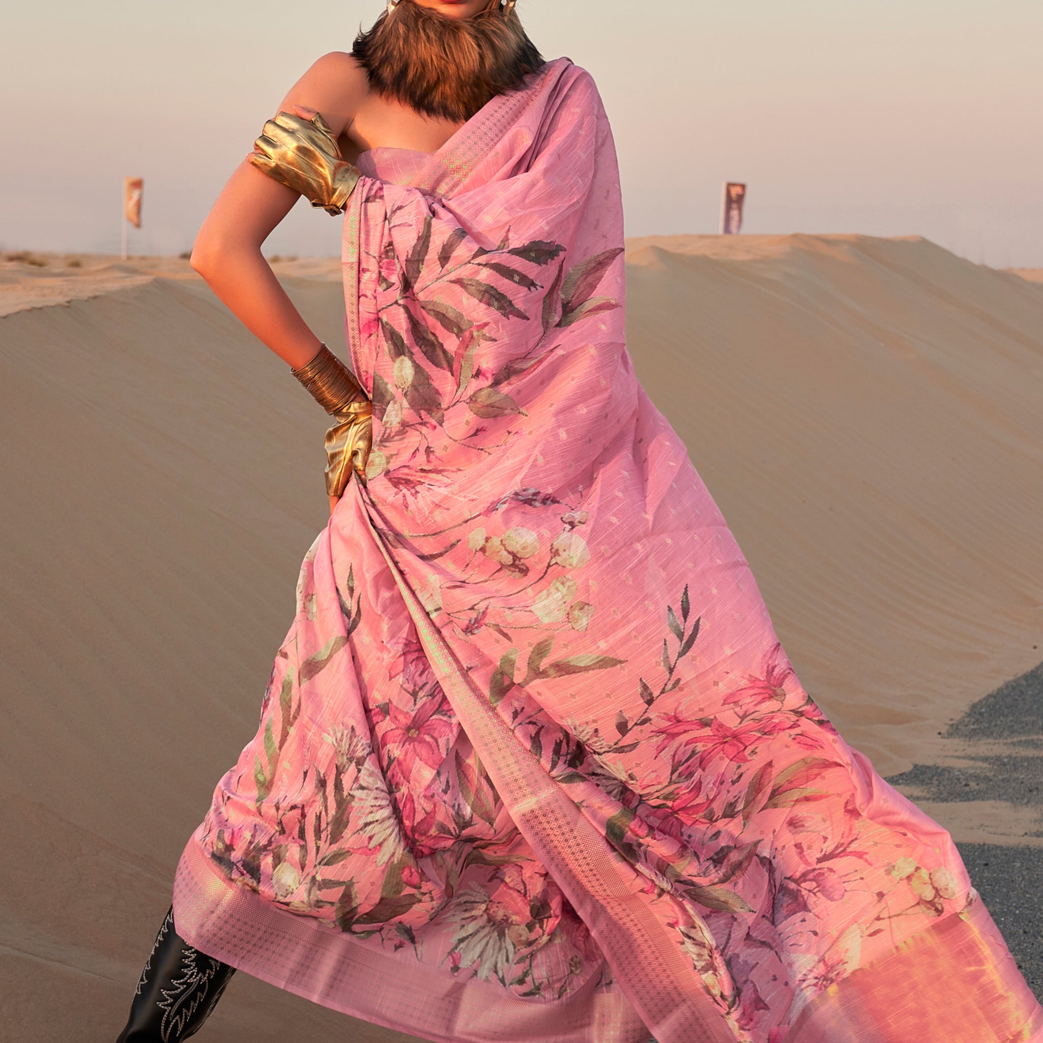 Fascinating Baby Pink Printed Linen Event Wear Saree With Blouse