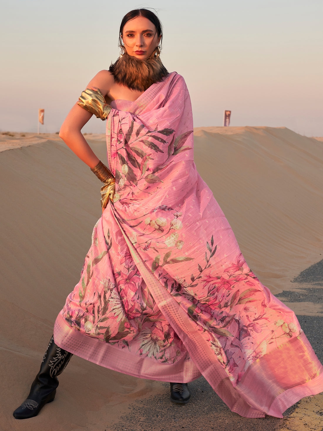 Fascinating Baby Pink Printed Linen Event Wear Saree With Blouse