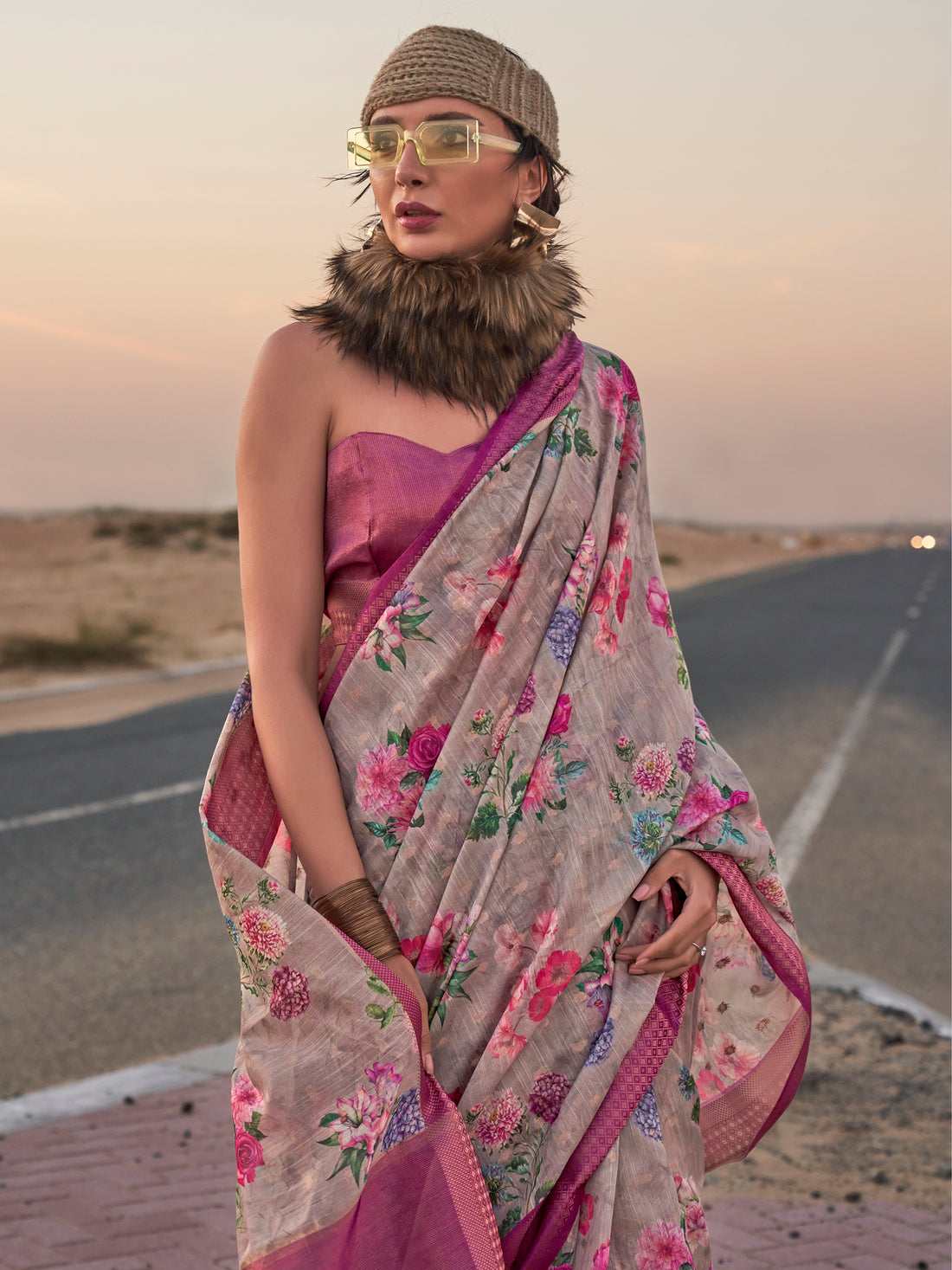 Bewitching Grey Printed Linen Festival Wear Saree With Blouse