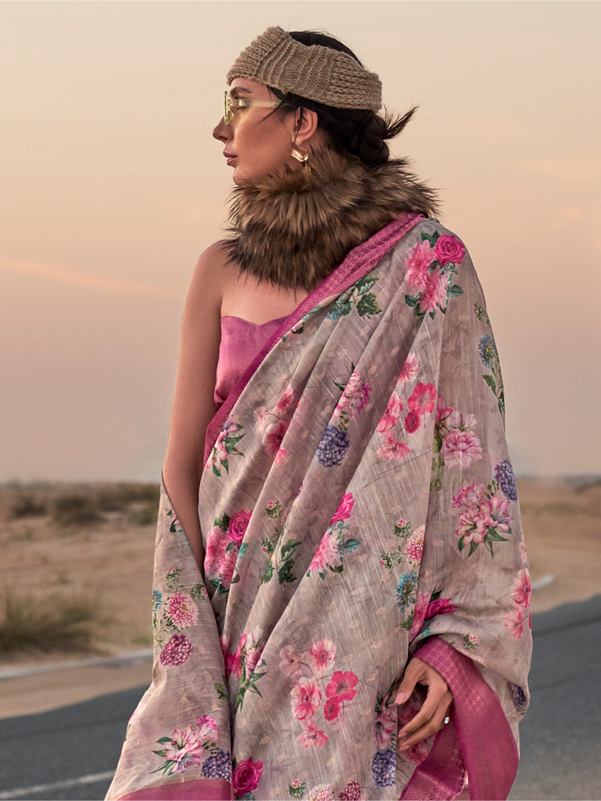 Bewitching Grey Printed Linen Festival Wear Saree With Blouse