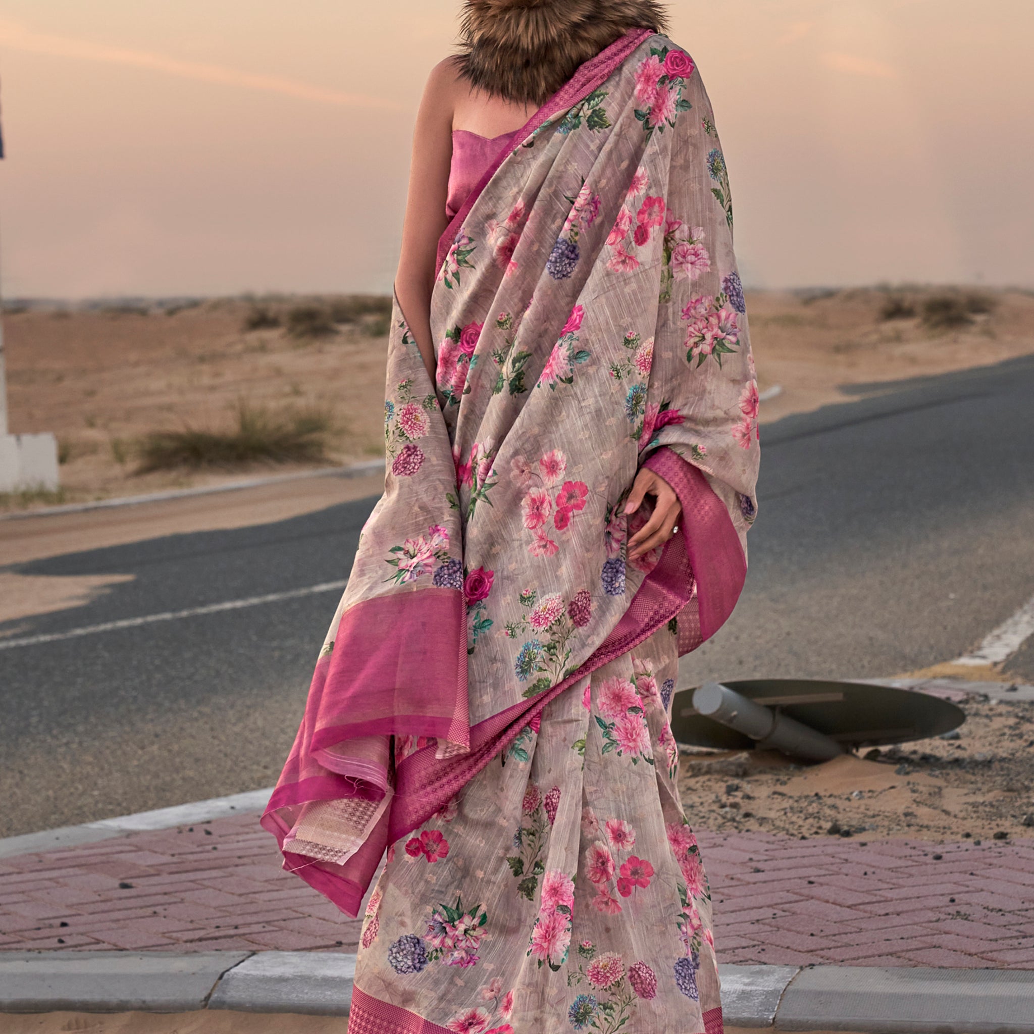 Bewitching Grey Printed Linen Festival Wear Saree With Blouse
