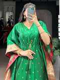 Gorgeous Green Zari Weaving Jacquard Mehendi Wear Kaftan