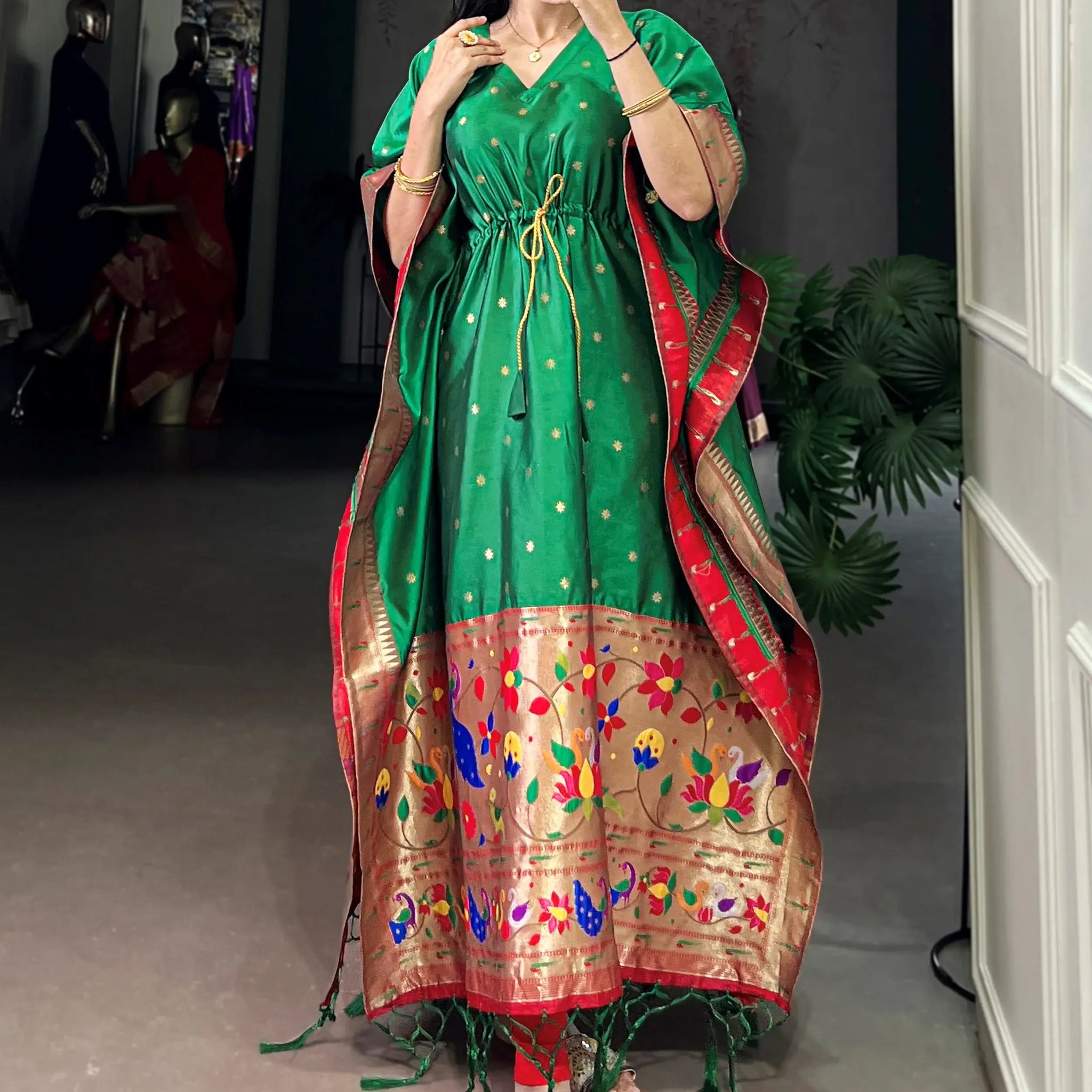 Gorgeous Green Zari Weaving Jacquard Mehendi Wear Kaftan