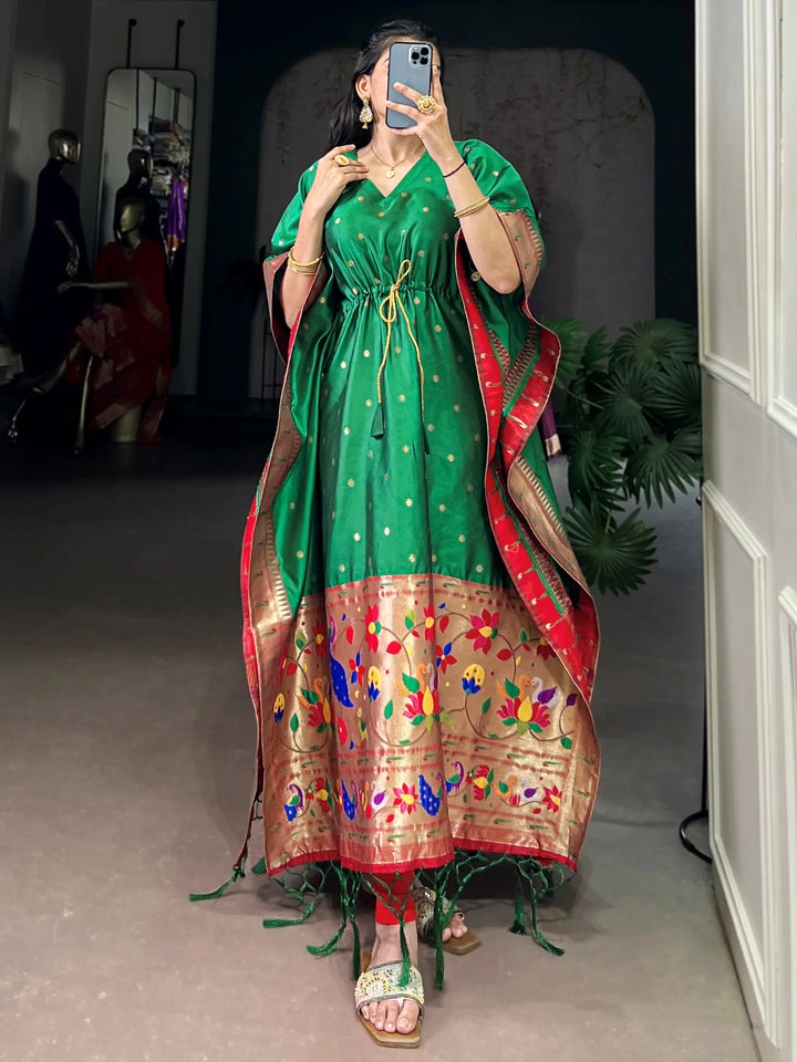 Gorgeous Green Zari Weaving Jacquard Mehendi Wear Kaftan