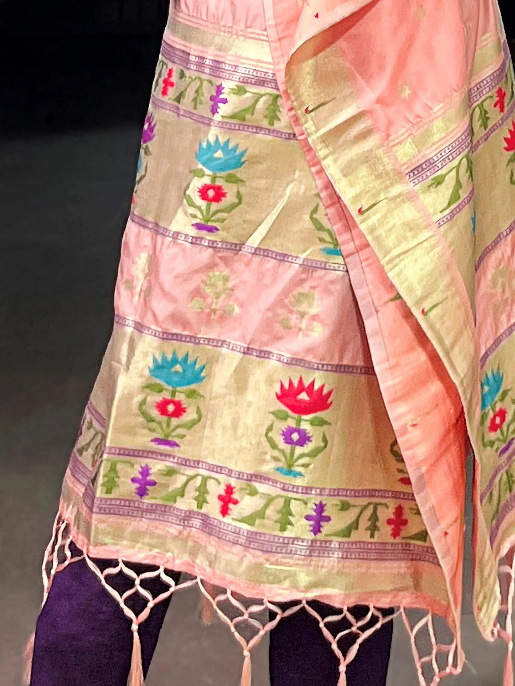 Interesting Peach Zari Weaving Jacquard Marriage Wear Kaftan