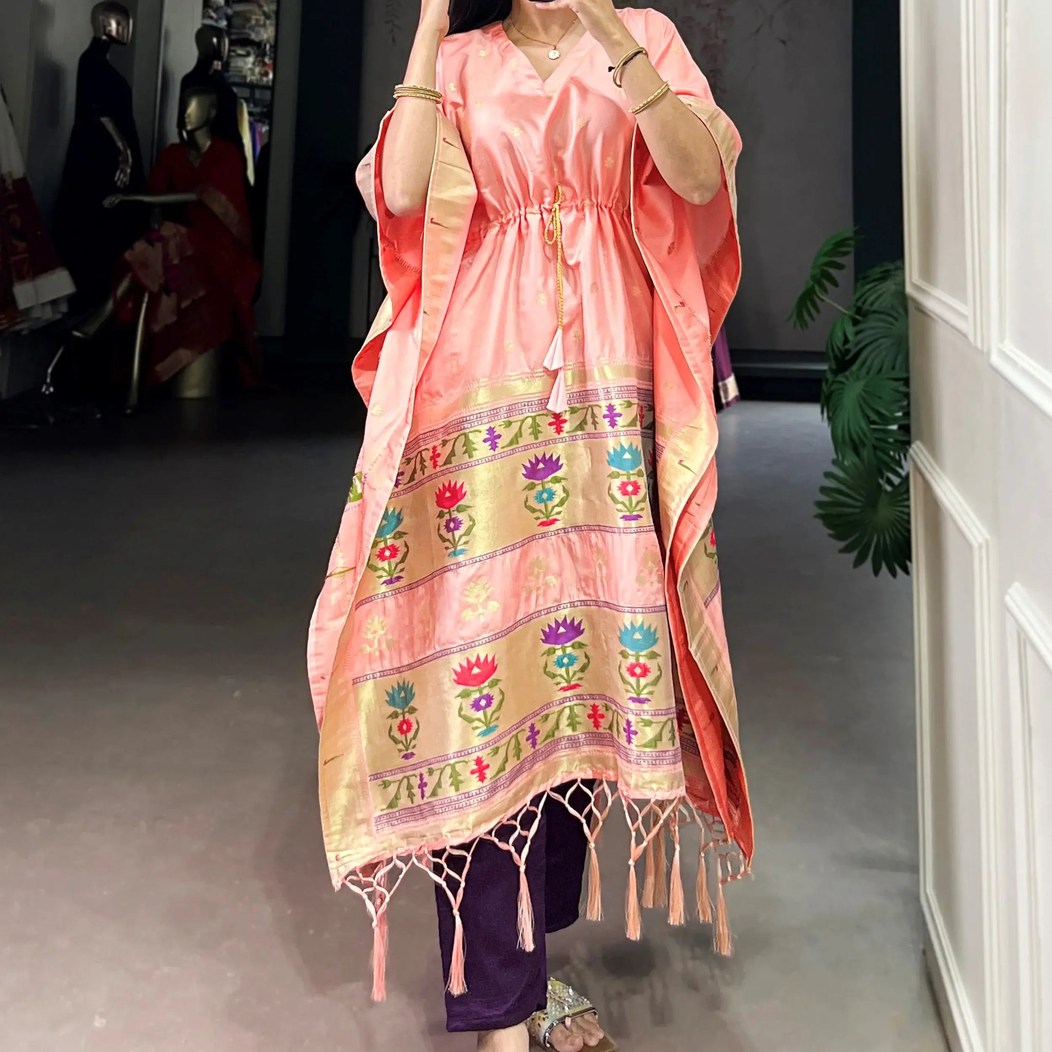 Interesting Peach Zari Weaving Jacquard Marriage Wear Kaftan