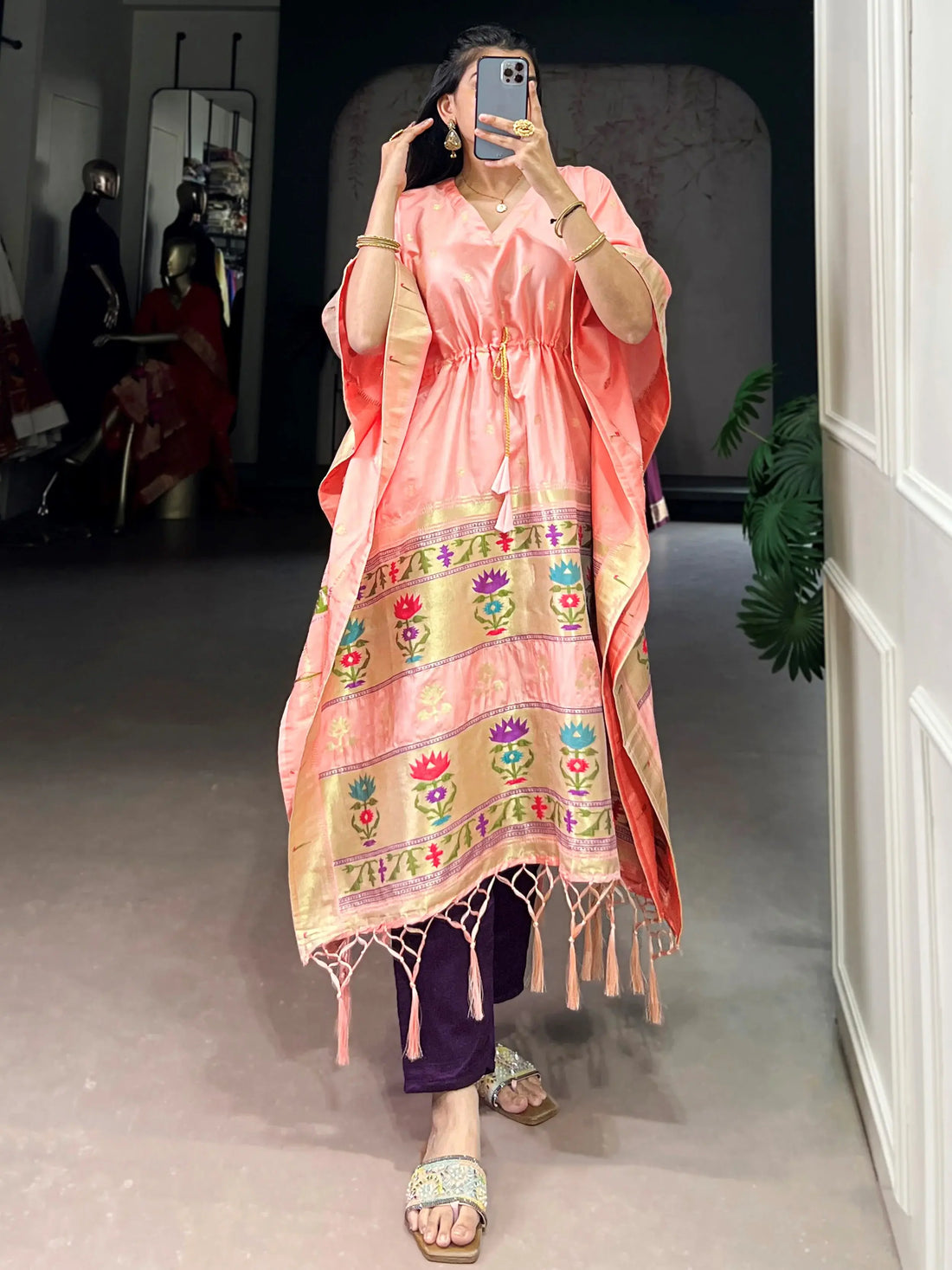 Interesting Peach Zari Weaving Jacquard Marriage Wear Kaftan