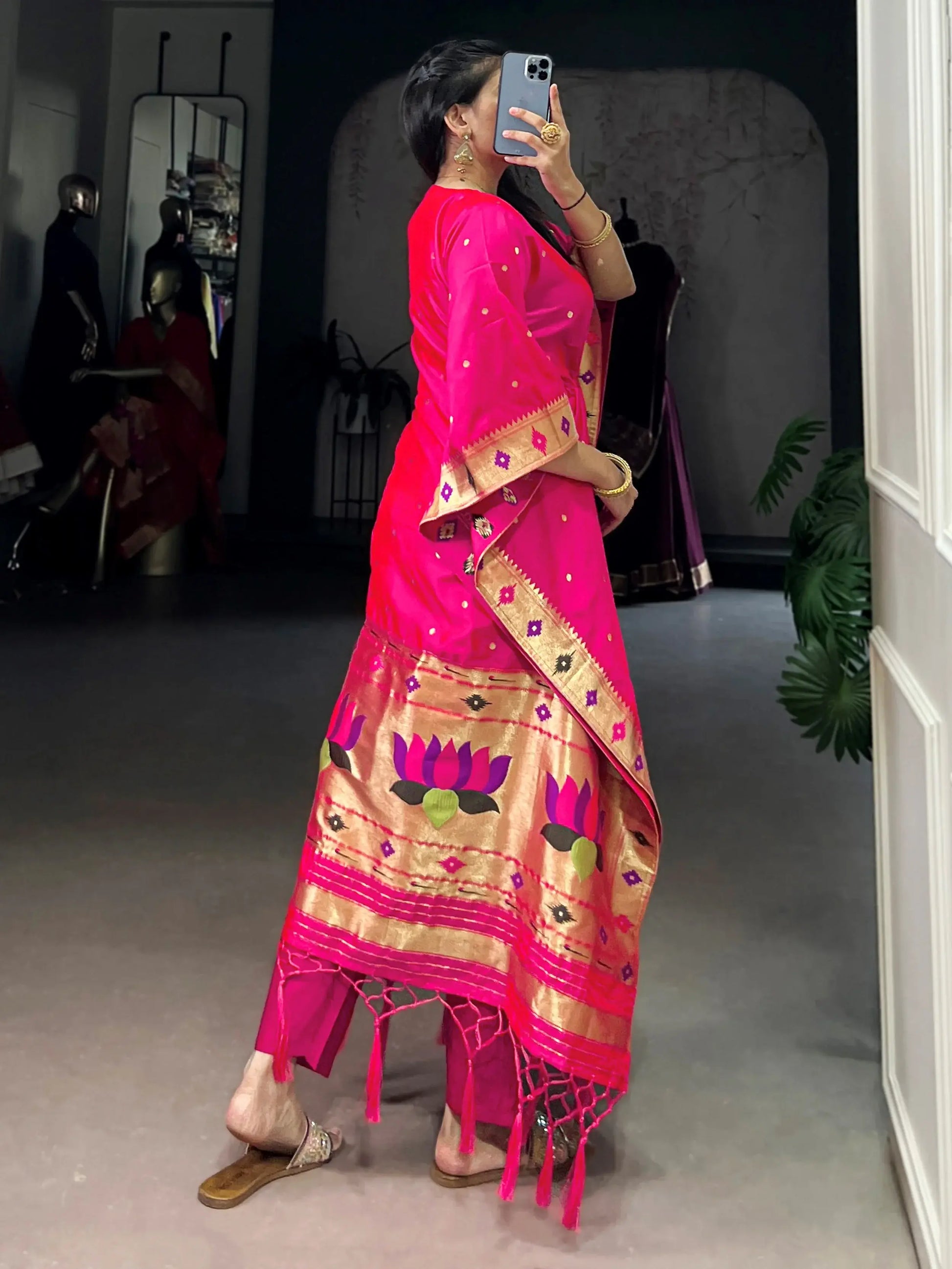 Pretty Rani Pink Zari Weaving Jacquard Wedding Wear Kaftan