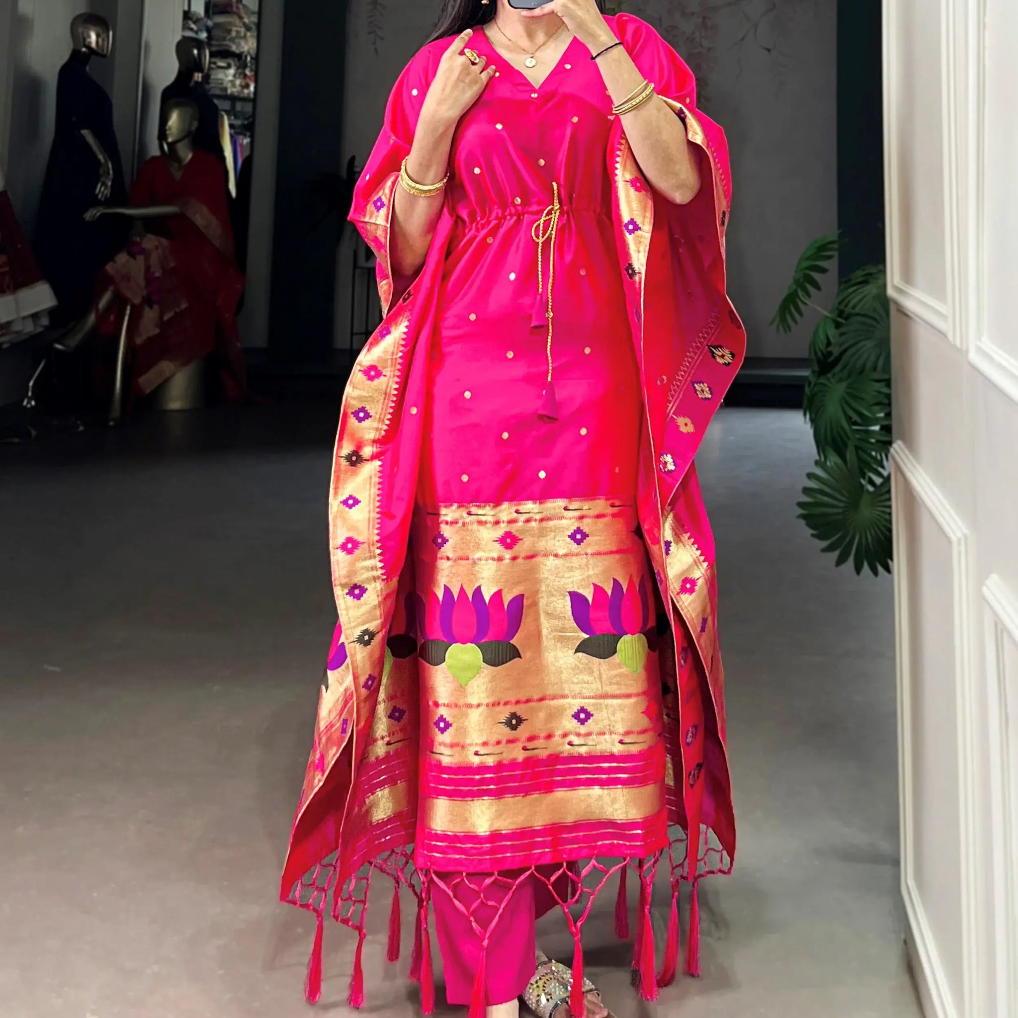 Pretty Rani Pink Zari Weaving Jacquard Wedding Wear Kaftan