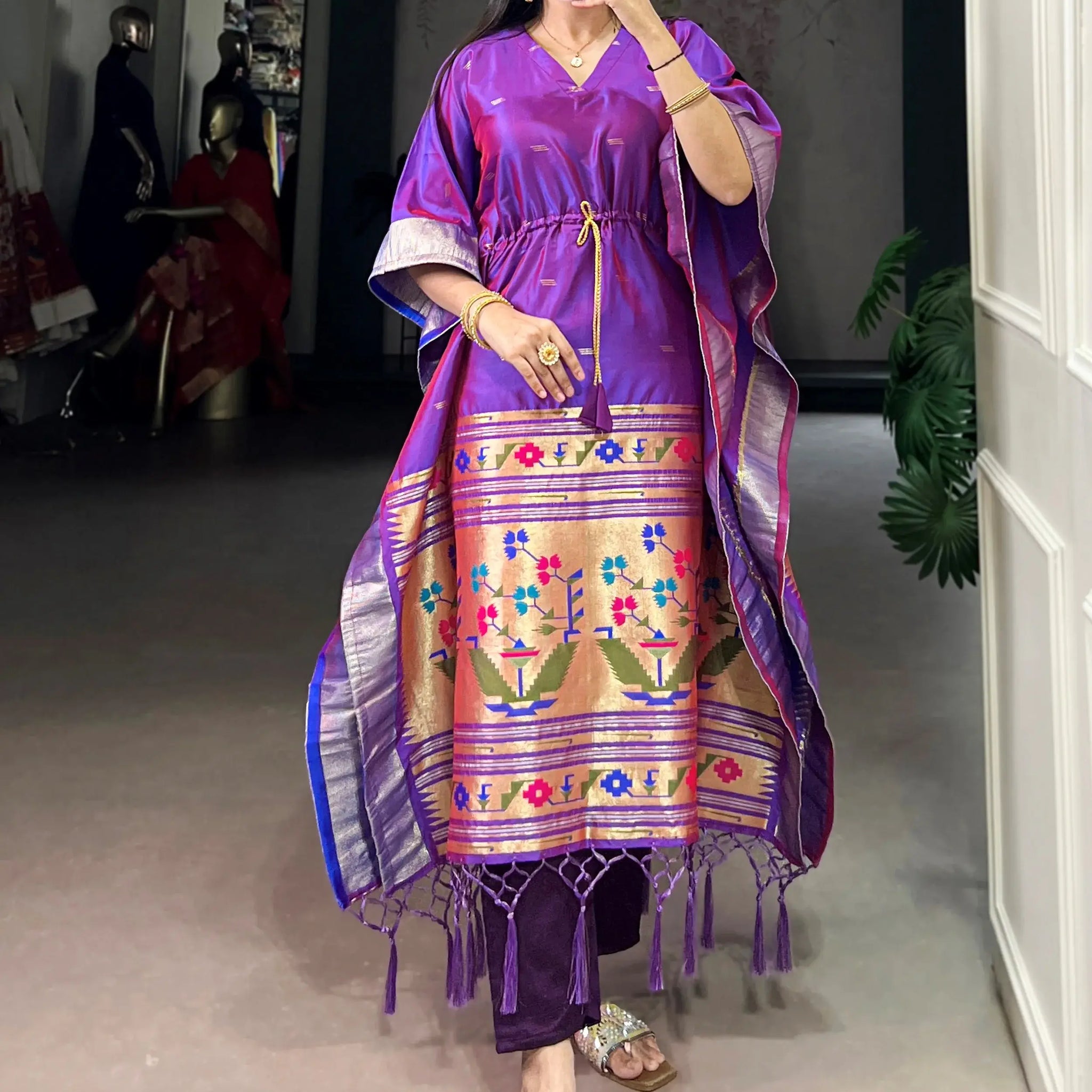 Adorable Purple Zari Weaving Jacquard Festive Wear Kaftan