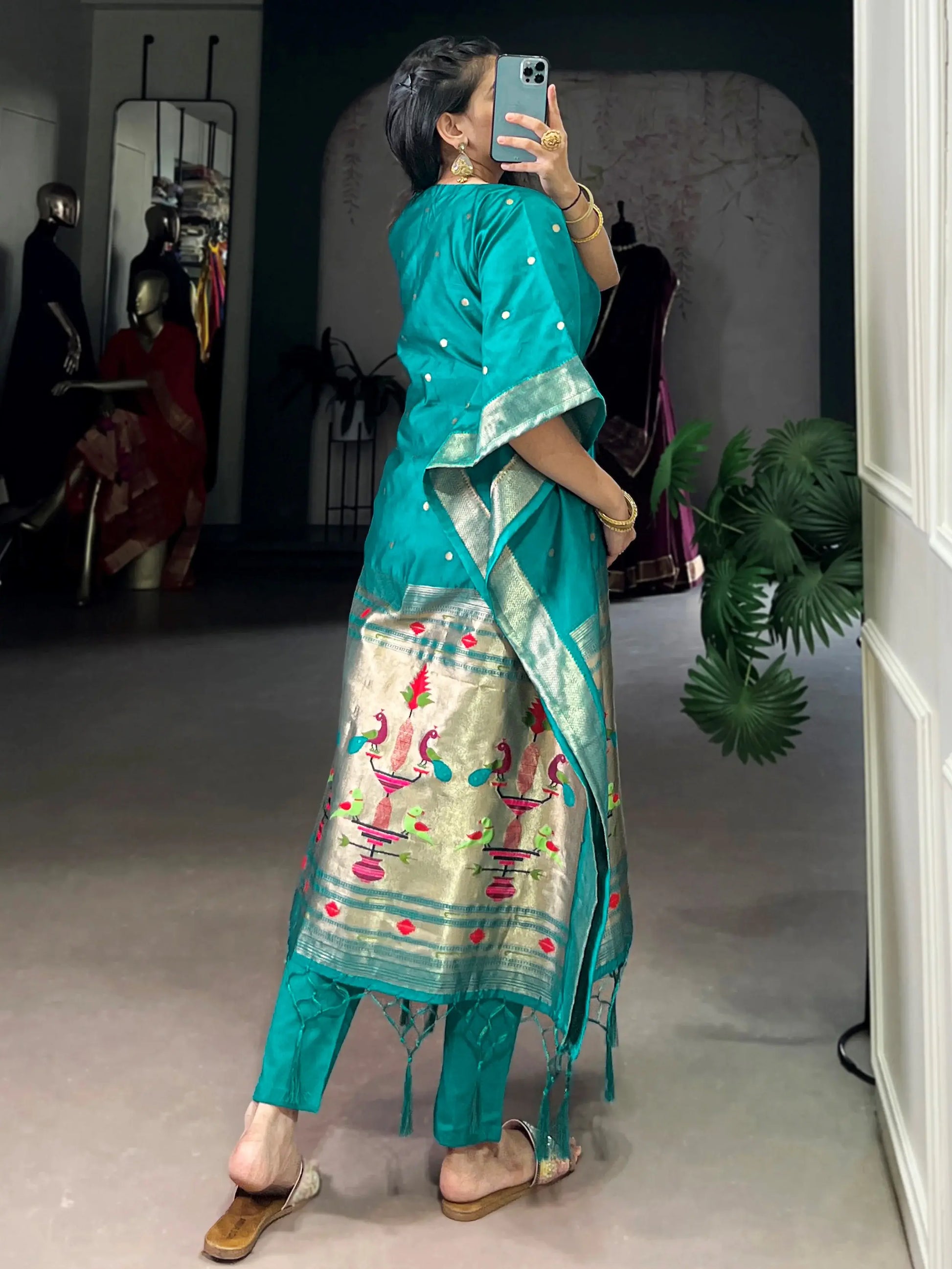 Charming Teal Green Zari Weaving Jacquard Function Wear Kaftan