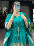 Charming Teal Green Zari Weaving Jacquard Function Wear Kaftan