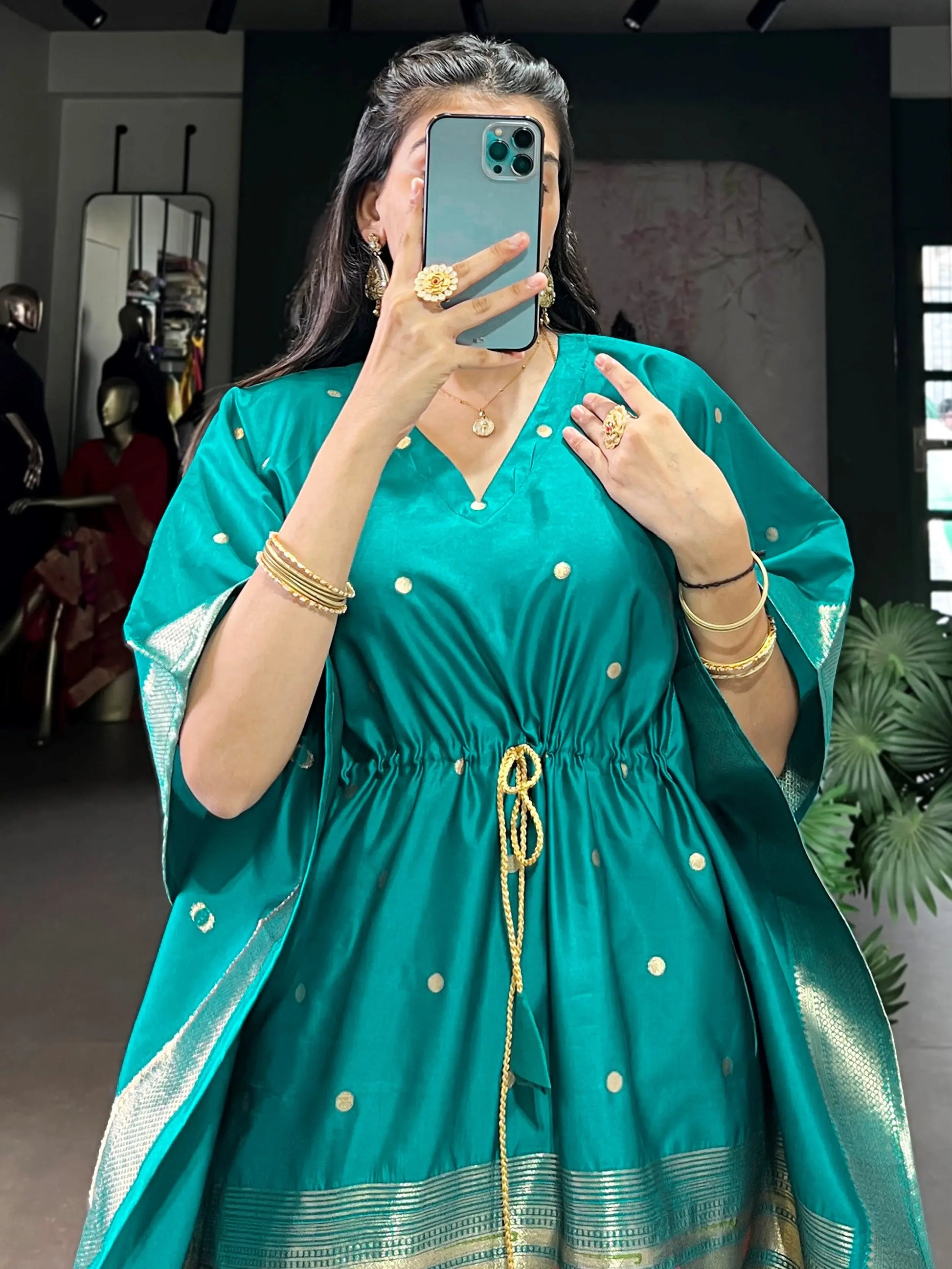 Charming Teal Green Zari Weaving Jacquard Function Wear Kaftan