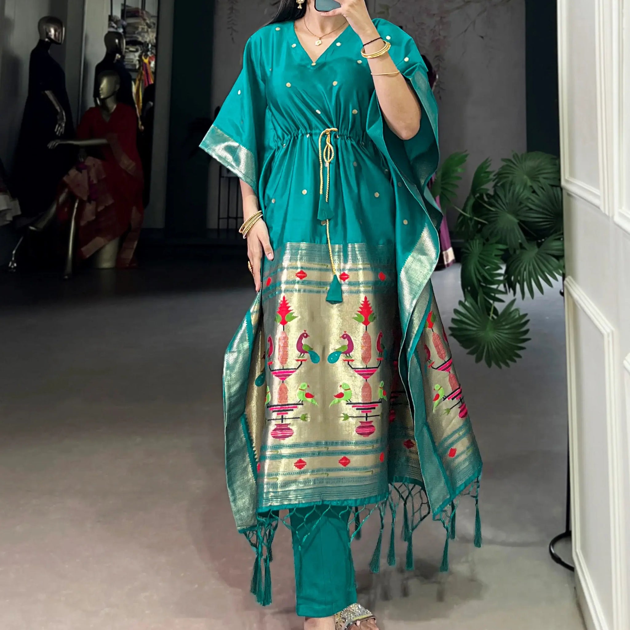 Charming Teal Green Zari Weaving Jacquard Function Wear Kaftan