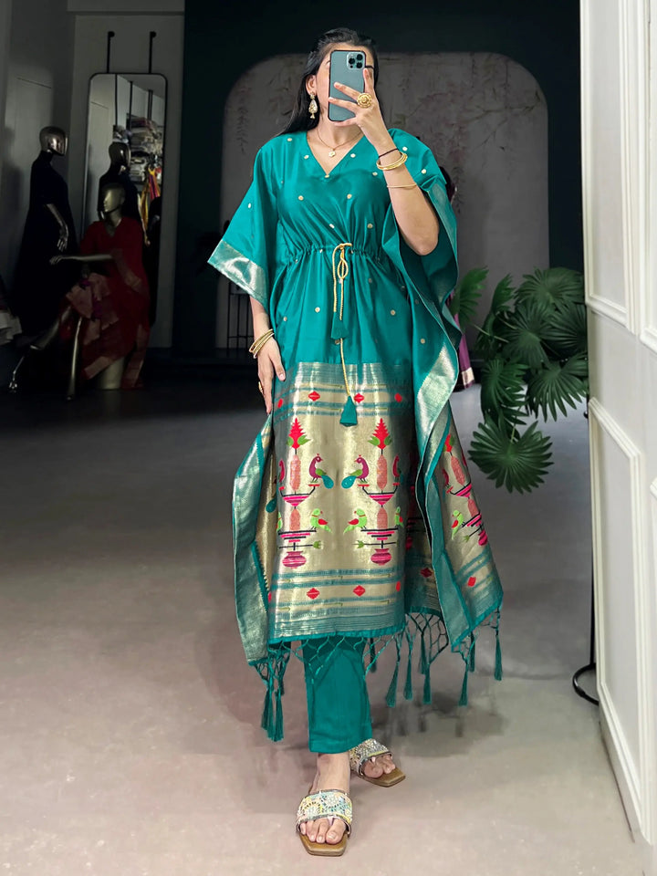 Charming Teal Green Zari Weaving Jacquard Function Wear Kaftan