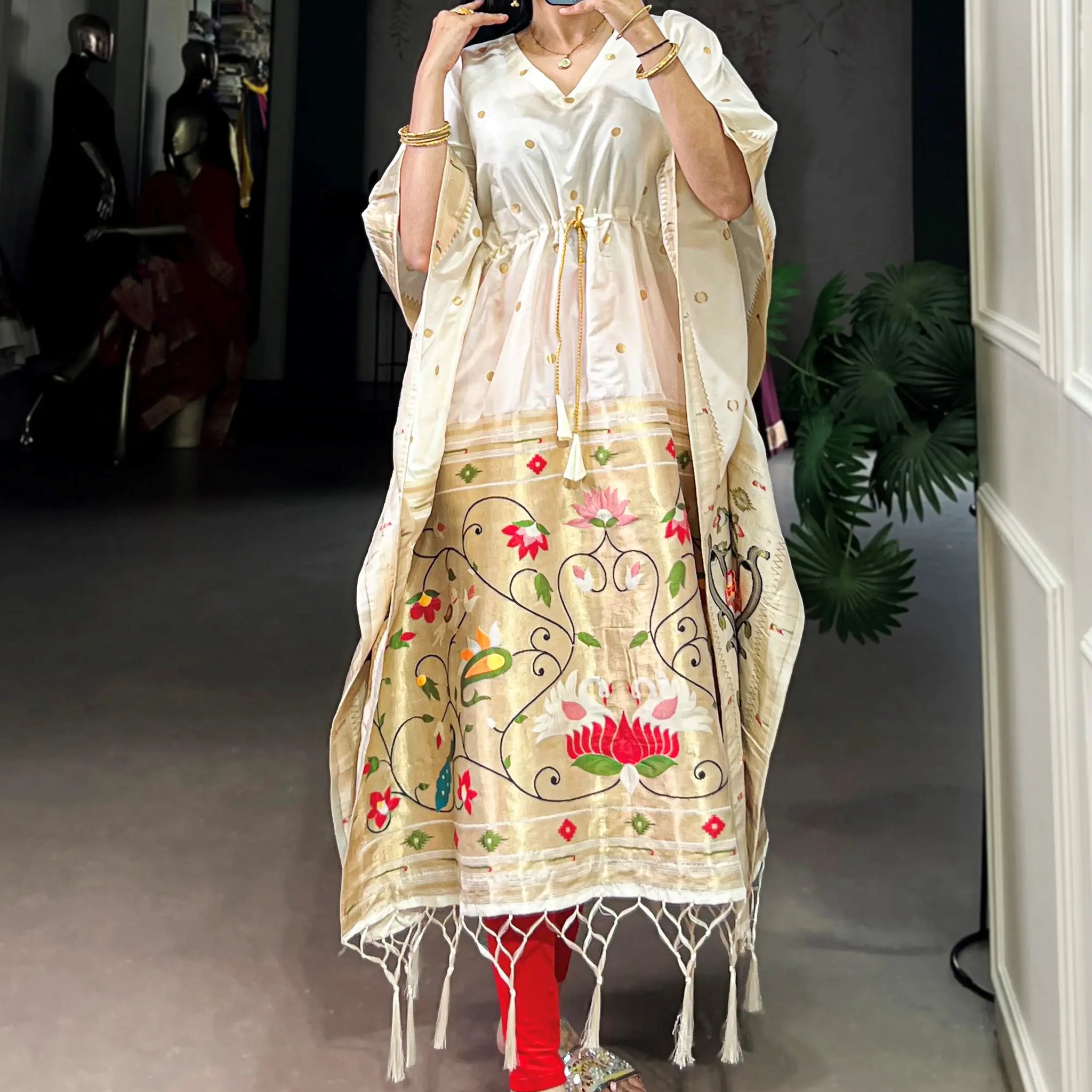 Awesome White Zari Weaving Jacquard Event Wear Kaftan