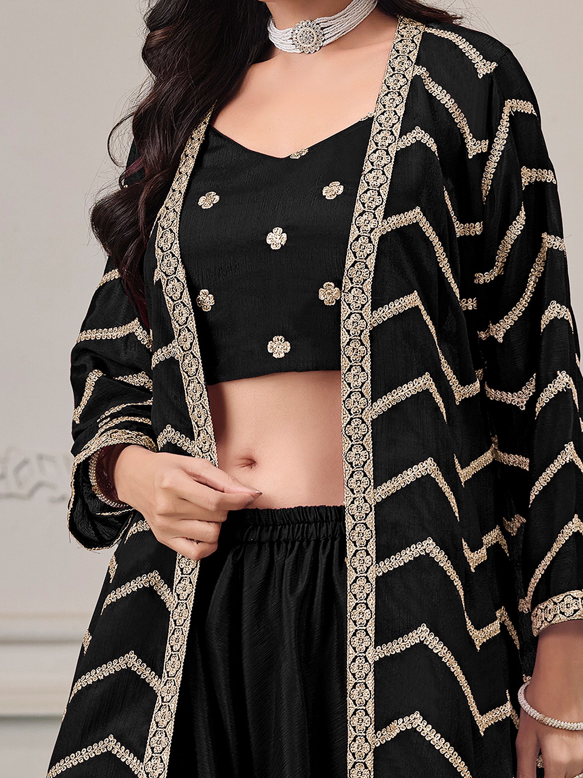 Awesome Black Embroidered Chinon Festival Wear Palazzo Suit With Shrug 