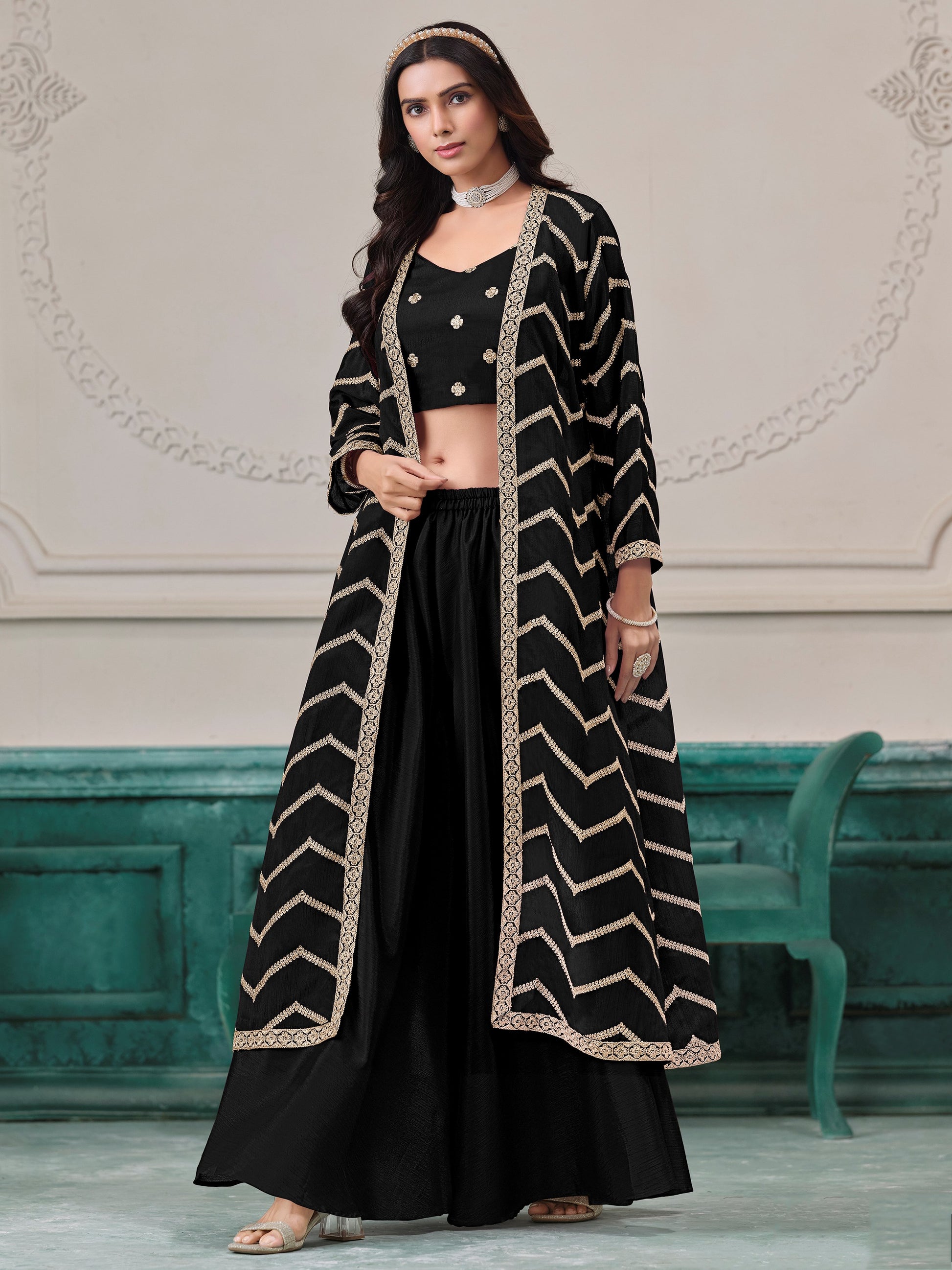 Awesome Black Embroidered Chinon Festival Wear Palazzo Suit With Shrug 