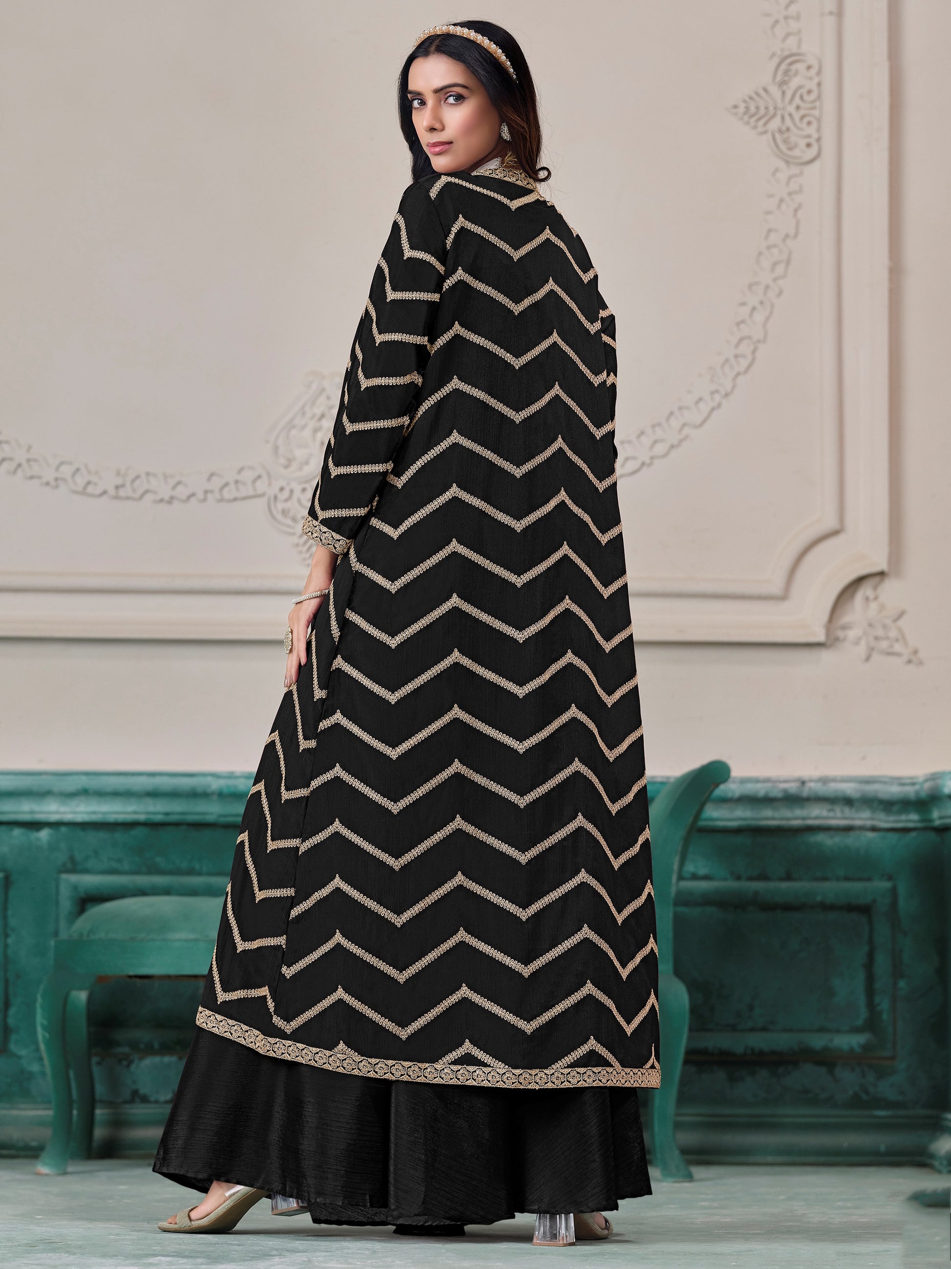 Awesome Black Embroidered Chinon Festival Wear Palazzo Suit With Shrug 