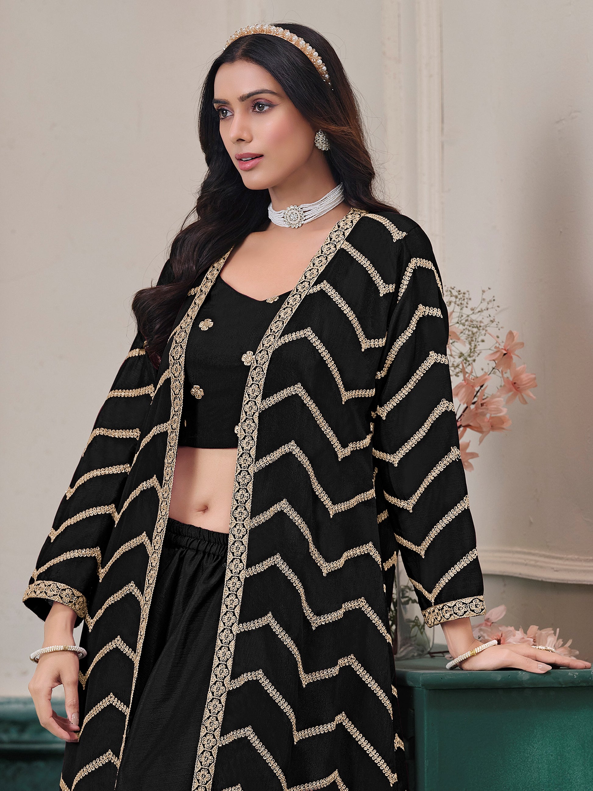 Awesome Black Embroidered Chinon Festival Wear Palazzo Suit With Shrug 