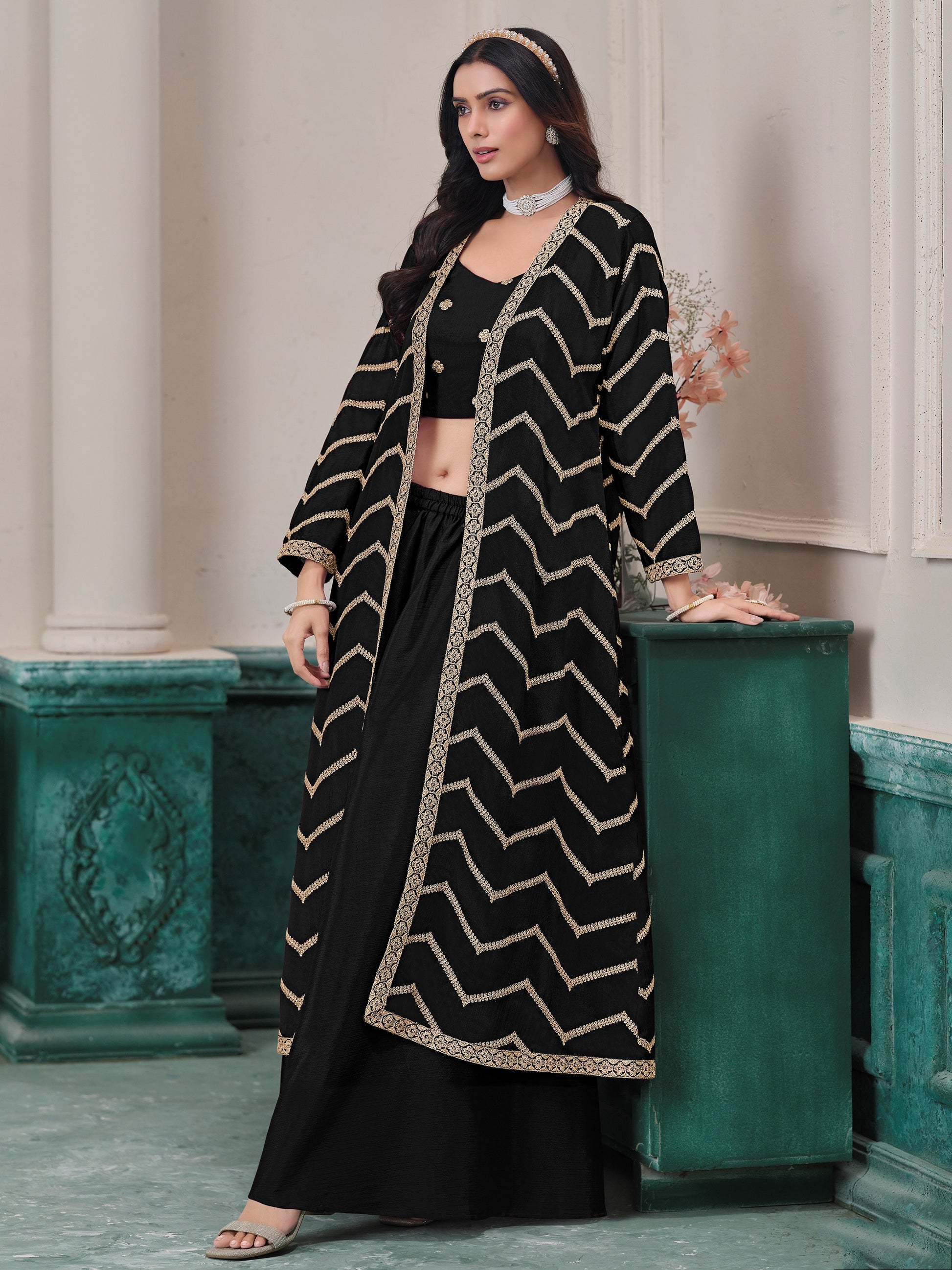 Awesome Black Embroidered Chinon Festival Wear Palazzo Suit With Shrug 