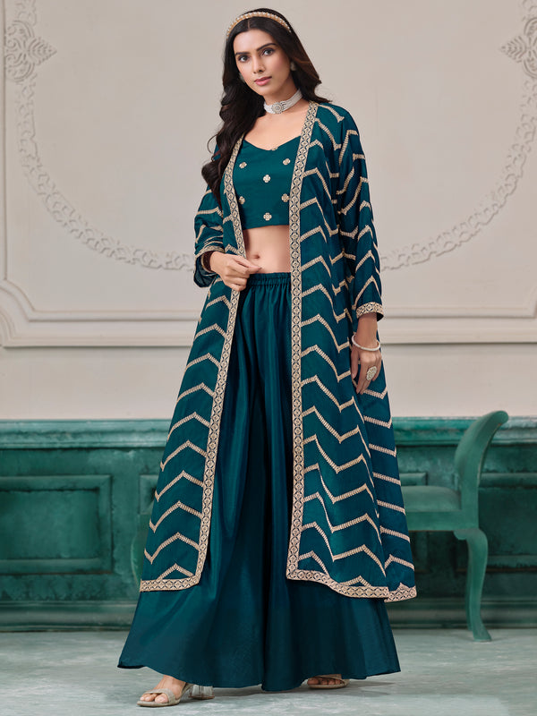 Elegant Teal Blue Embroidery Chinon Festival Wear Palazzo Suit With Shrug