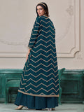 Elegant Teal Blue Embroidery Chinon Festival Wear Palazzo Suit With Shrug