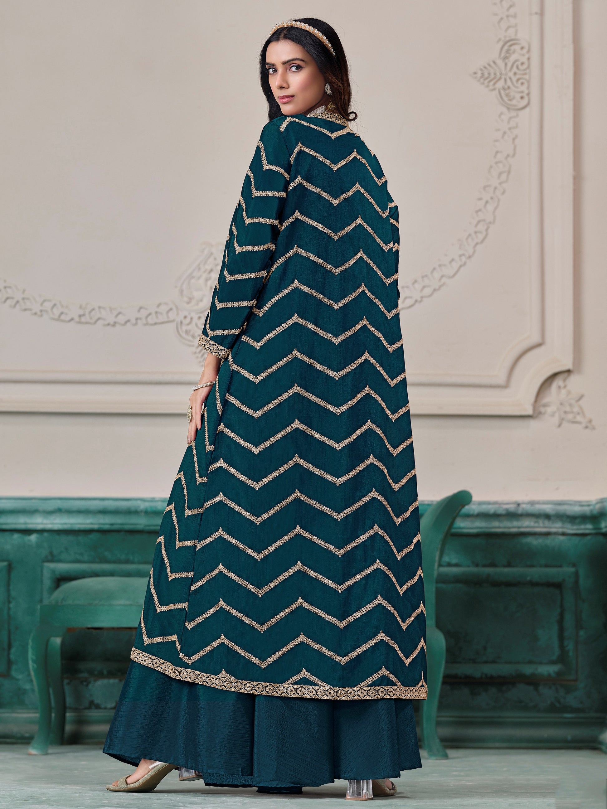 Elegant Teal Blue Embroidery Chinon Festival Wear Palazzo Suit With Shrug