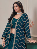 Elegant Teal Blue Embroidery Chinon Festival Wear Palazzo Suit With Shrug
