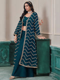 Elegant Teal Blue Embroidery Chinon Festival Wear Palazzo Suit With Shrug