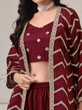 Beautiful Maroon Embroidery Chinon Event Wear Palazzo Suit With Shrug 