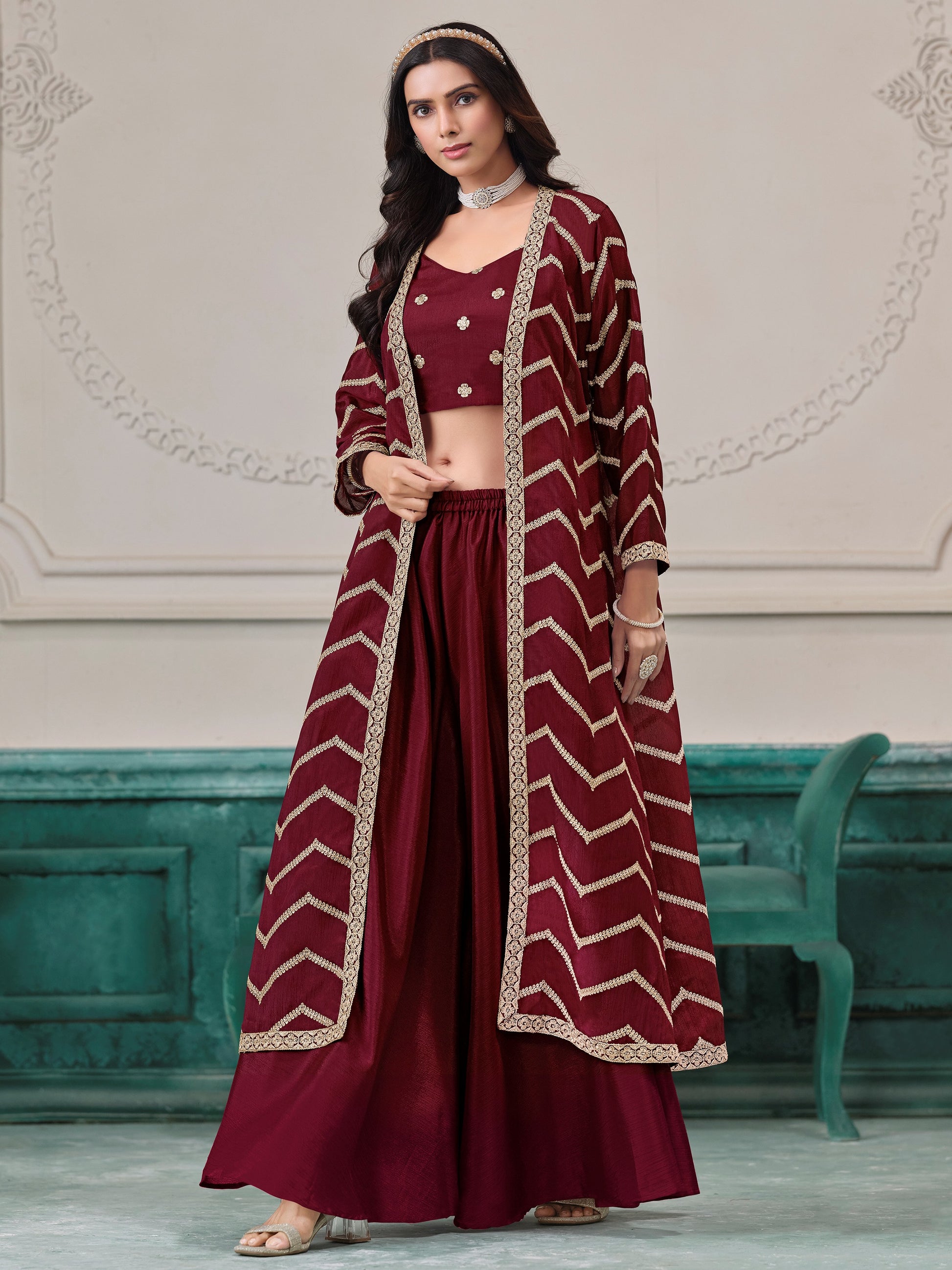 Beautiful Maroon Embroidery Chinon Event Wear Palazzo Suit With Shrug 